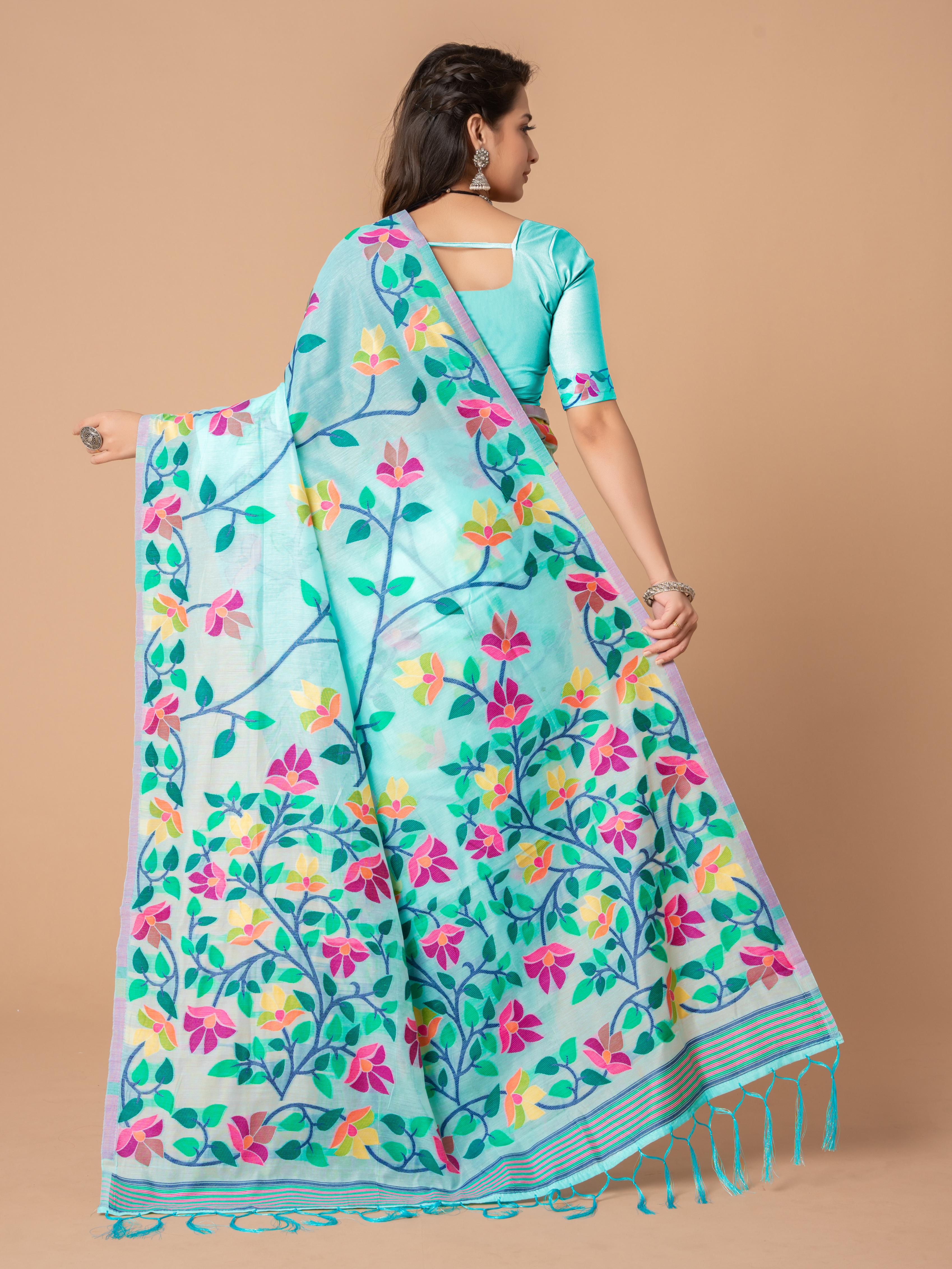 Sky Blue Floral Jamdani Soft Cotton Saree