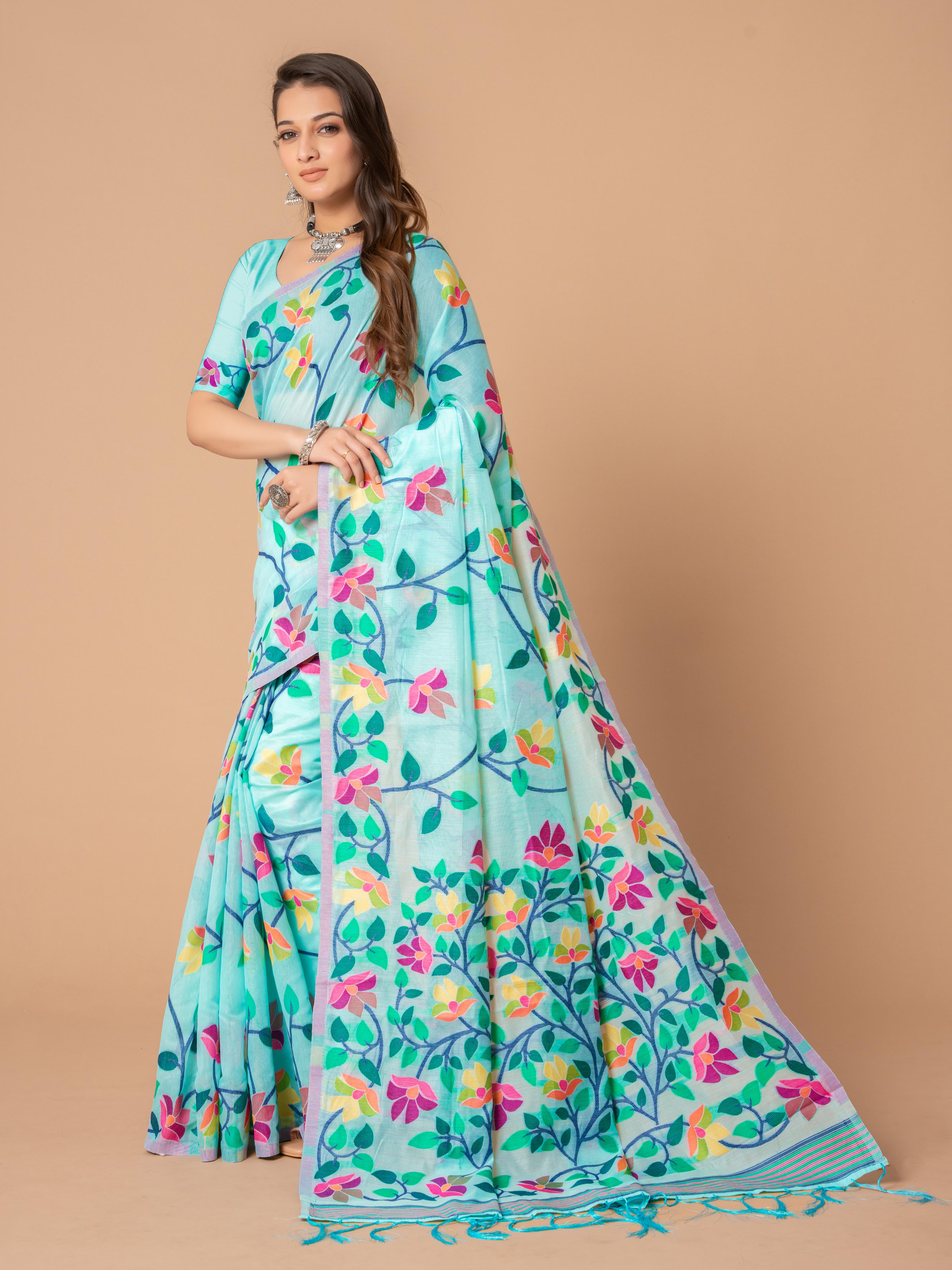 Sky Blue Floral Jamdani Soft Cotton Saree