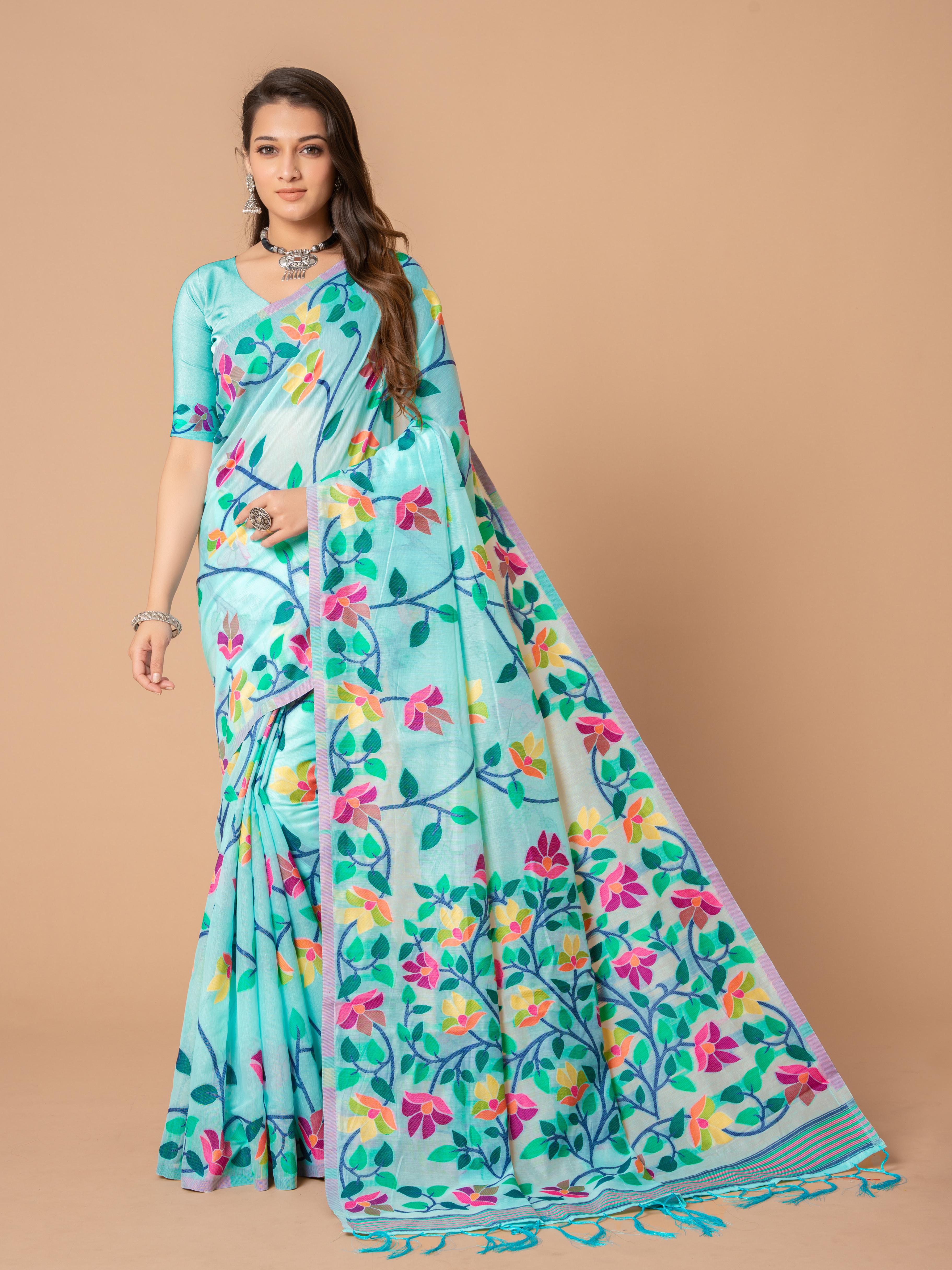 Sky Blue Floral Jamdani Soft Cotton Saree