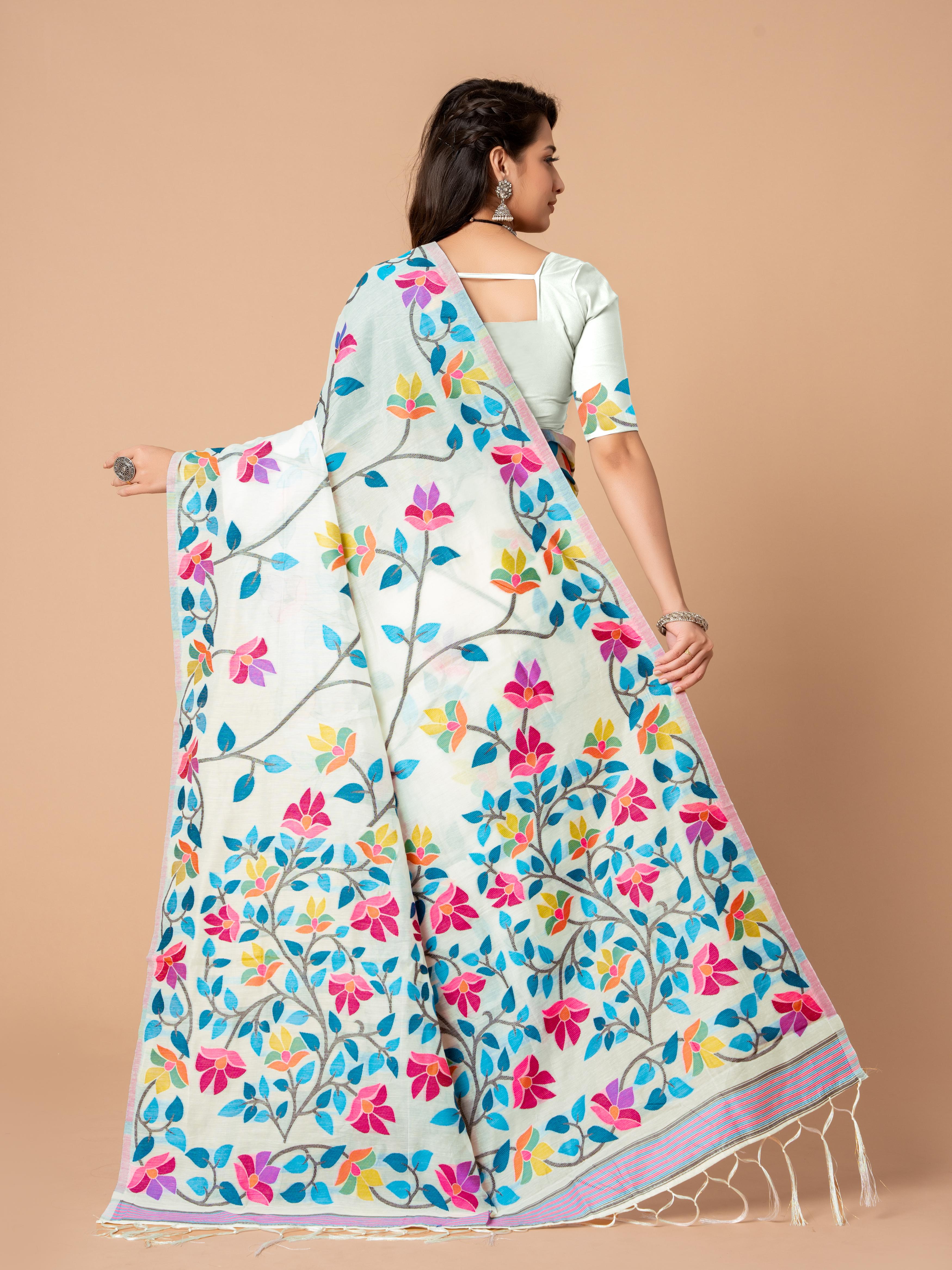 White Floral Jamdani Soft Cotton Saree