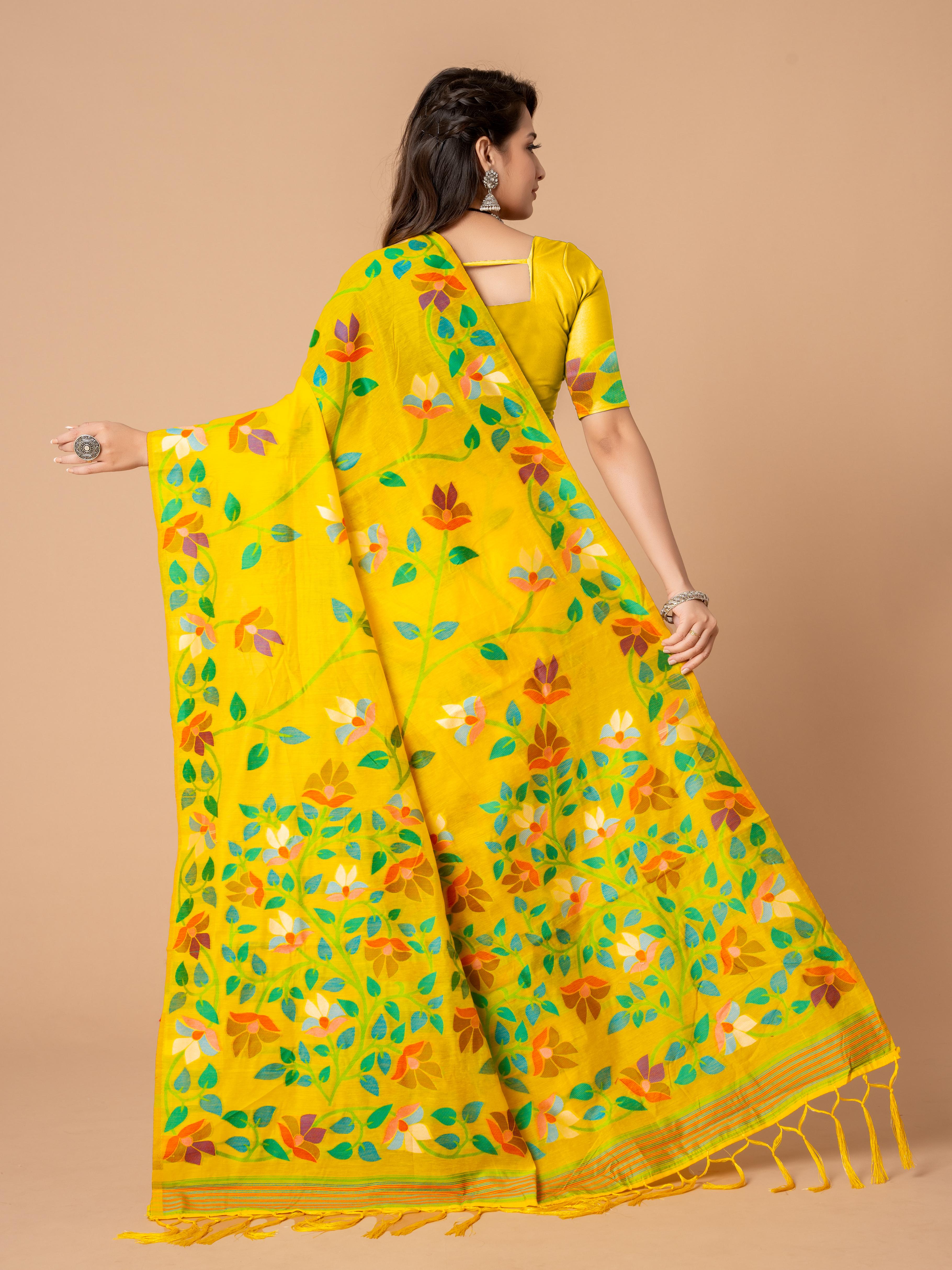 Yellow Floral Jamdani Soft Cotton Saree