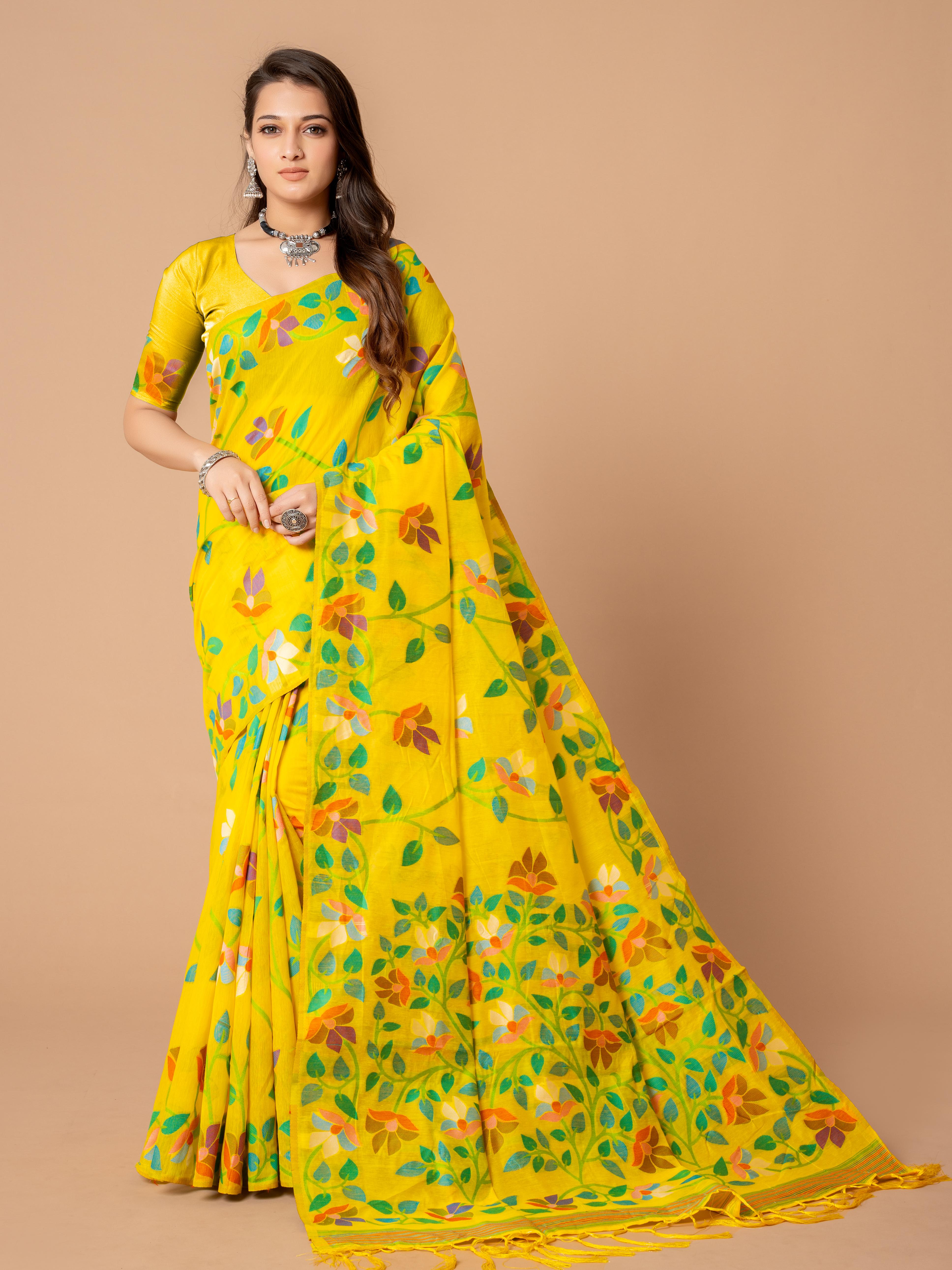 Yellow Floral Jamdani Soft Cotton Saree