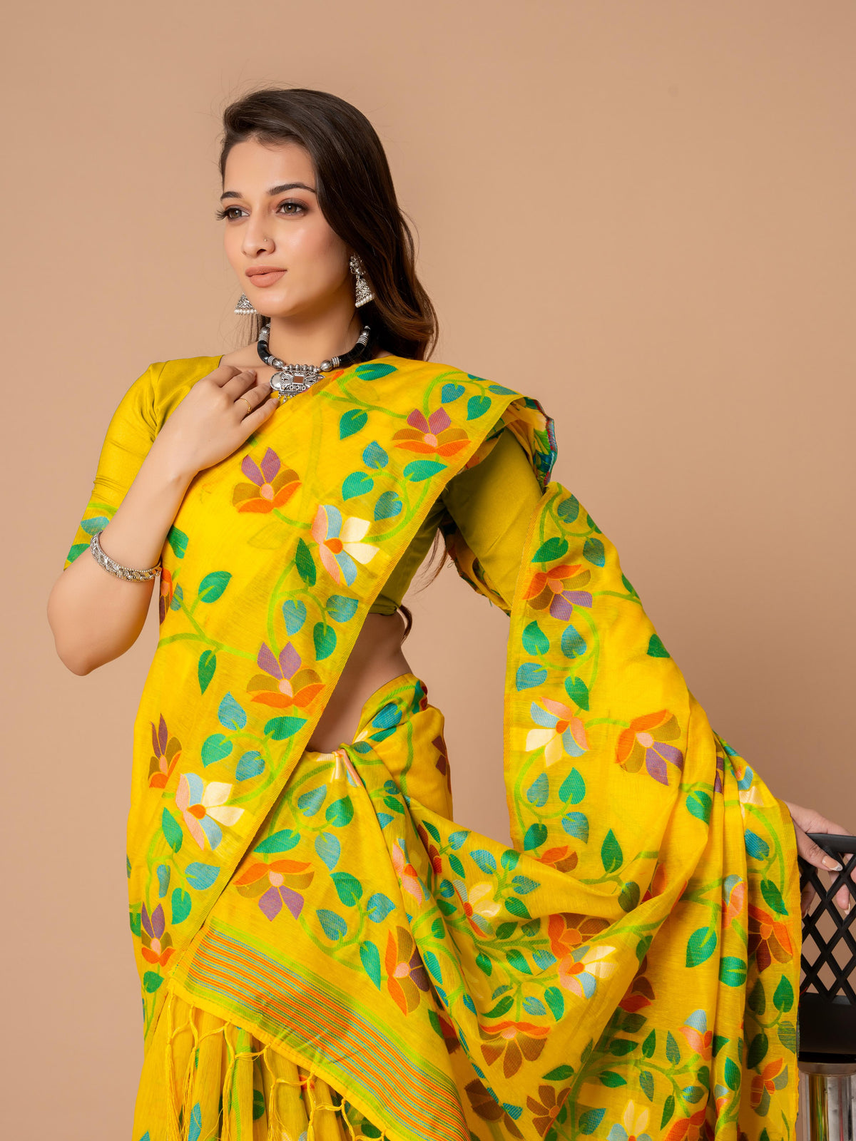 Yellow Floral Jamdani Soft Cotton Saree