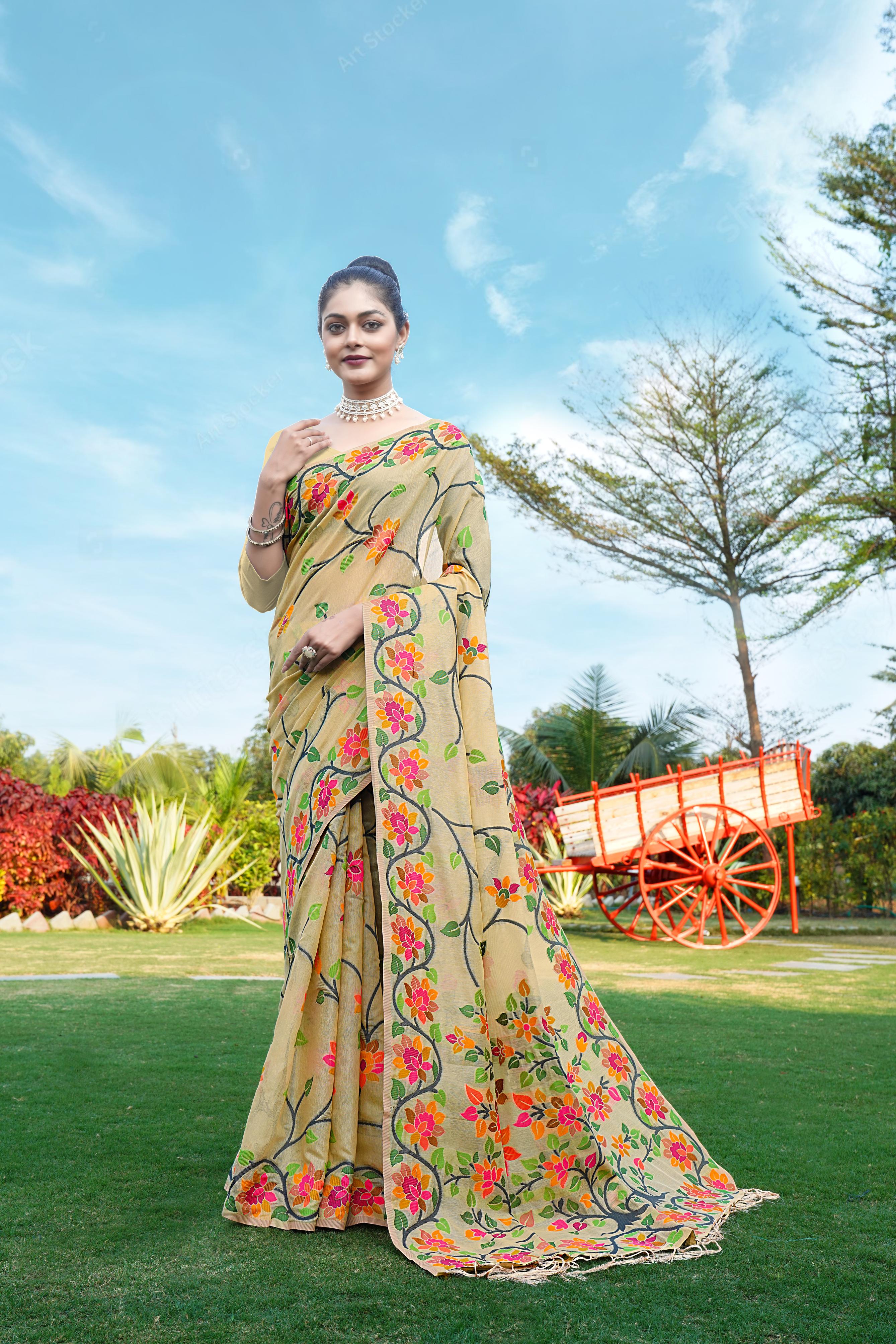 Beige Floral Pure Cottton Saree