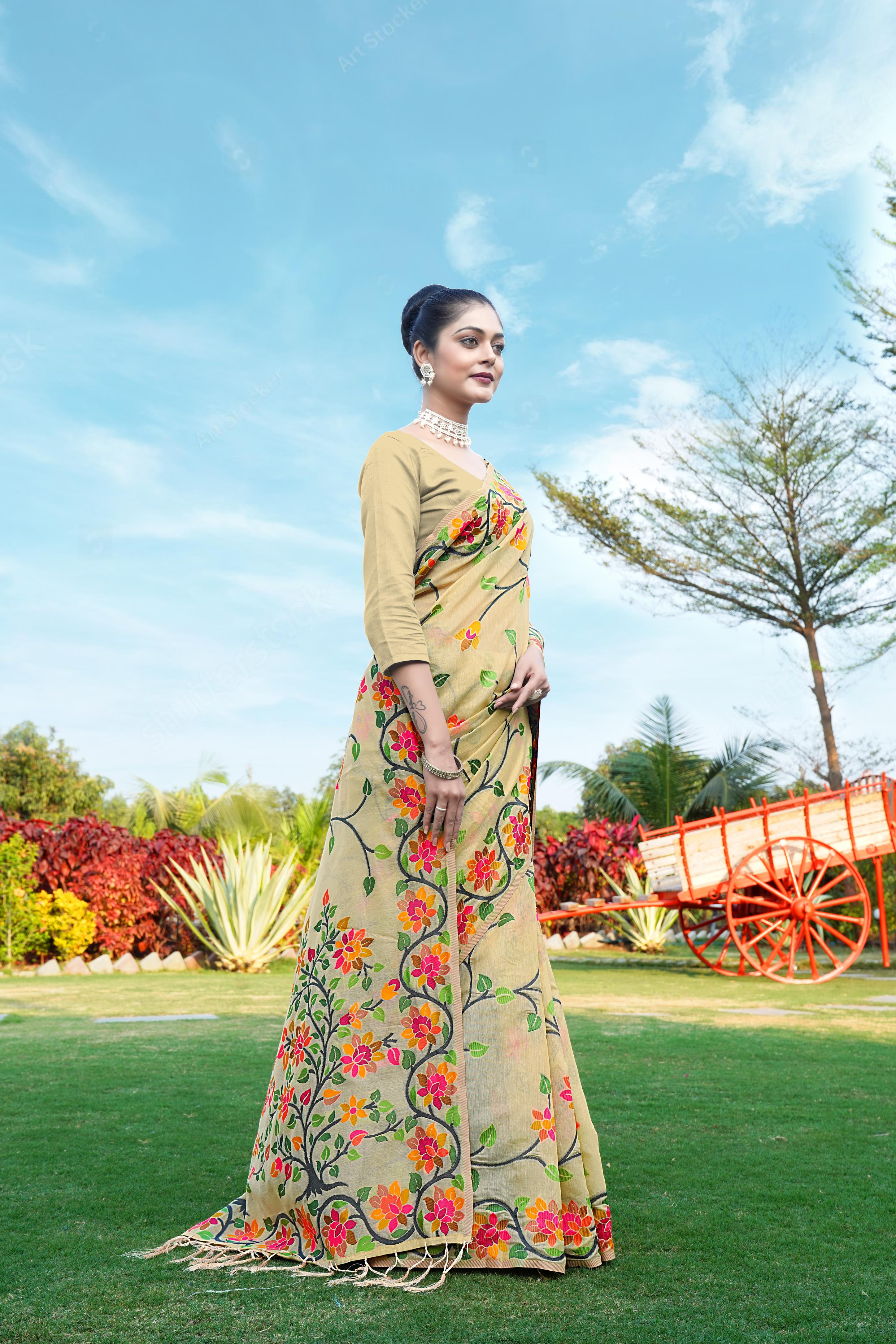 Beige Floral Pure Cottton Saree