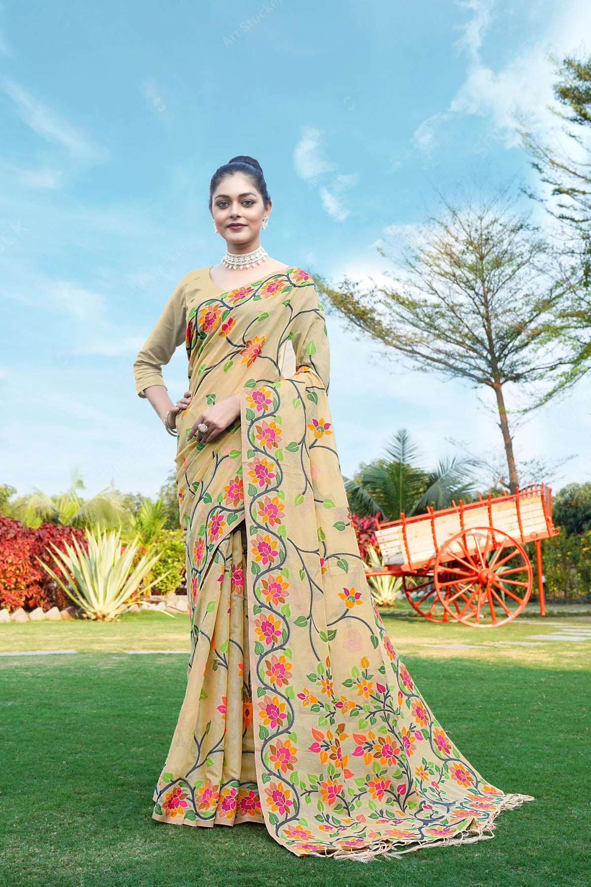 Beige Floral Pure Cottton Saree