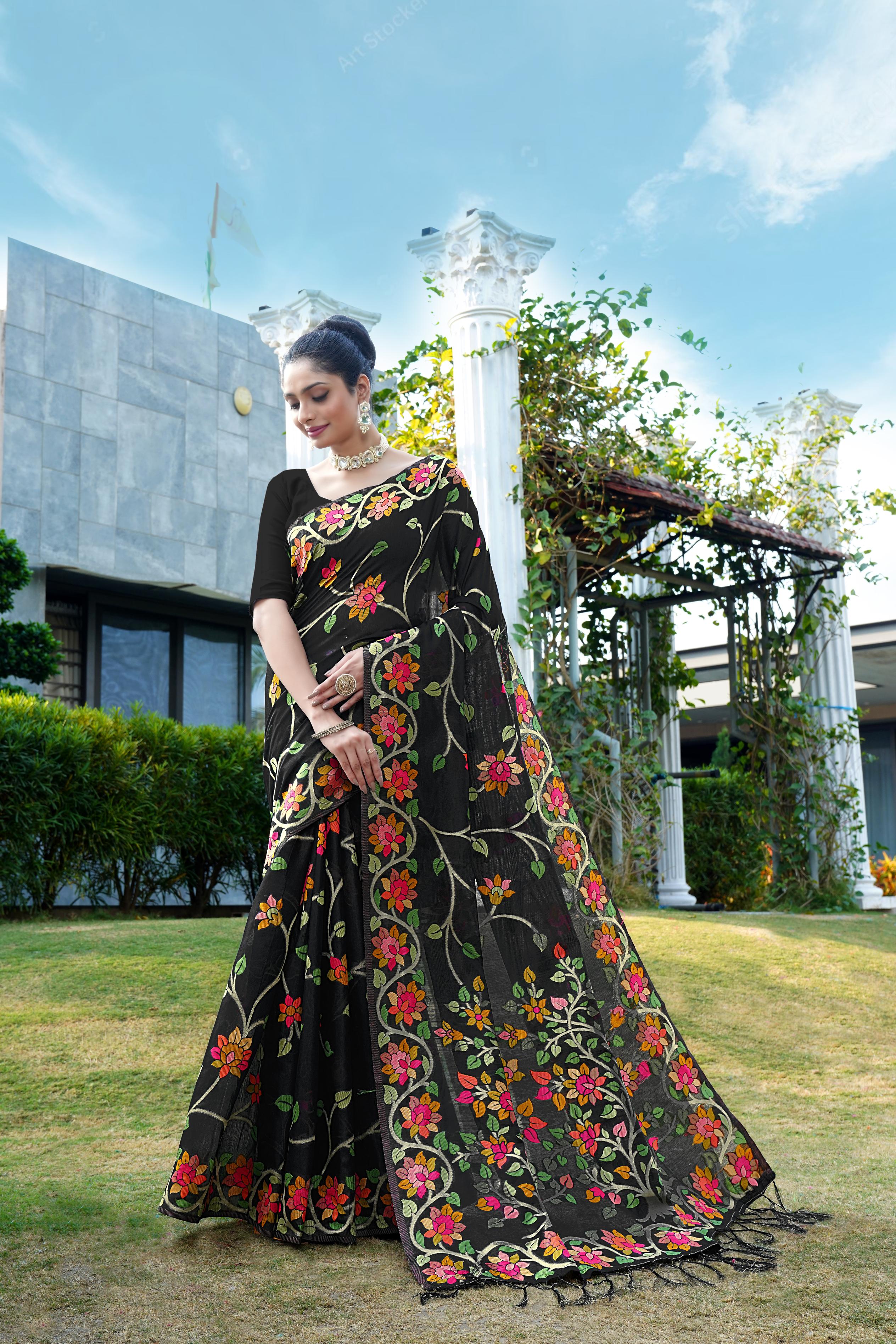 Black Floral Pure Cottton Saree