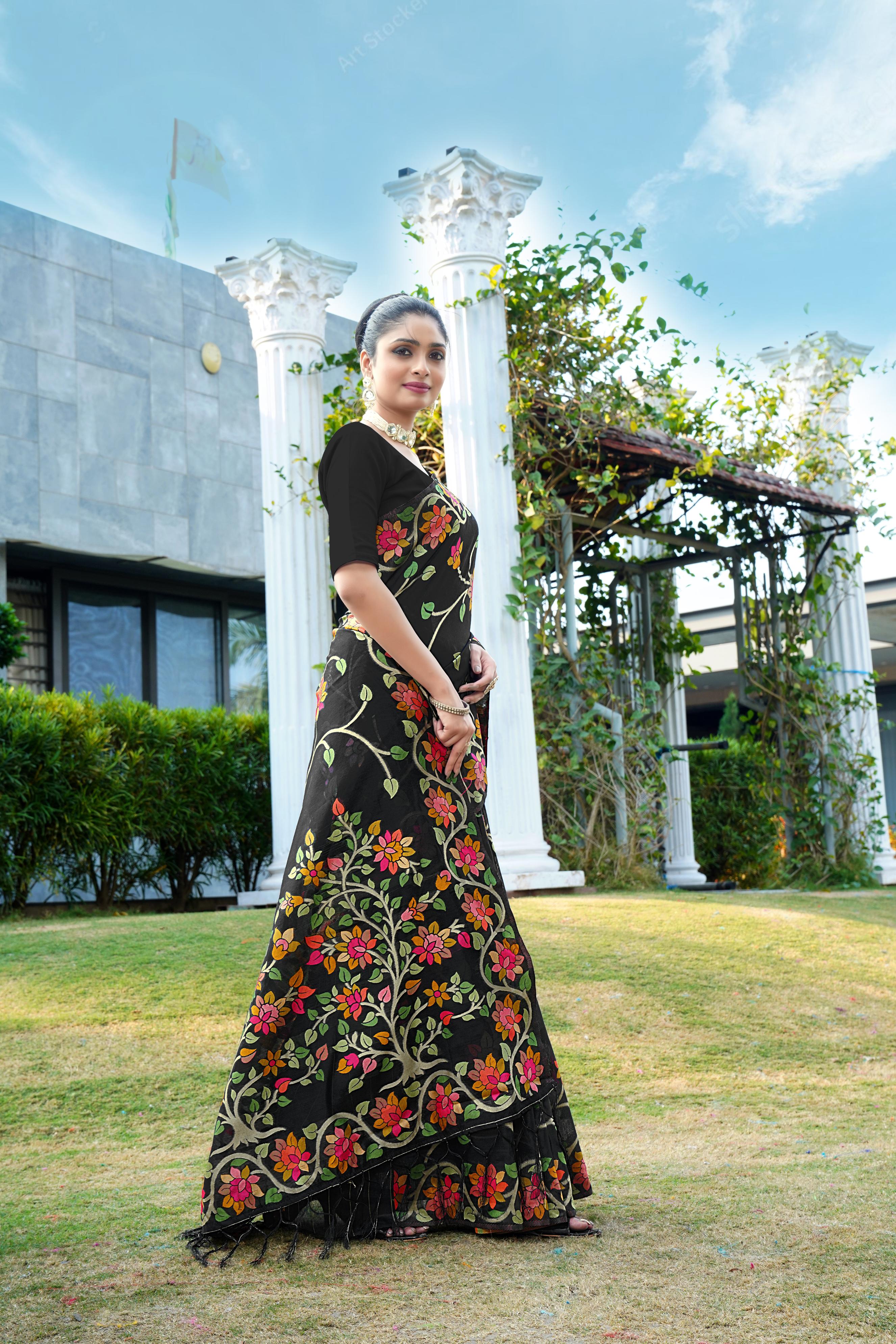 Black Floral Pure Cottton Saree