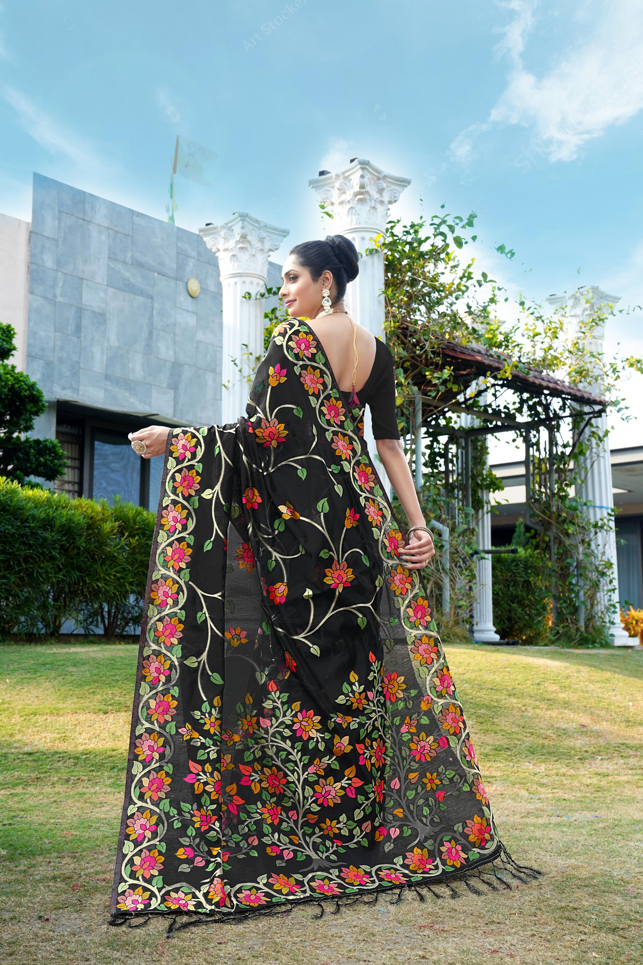 Black Floral Pure Cottton Saree