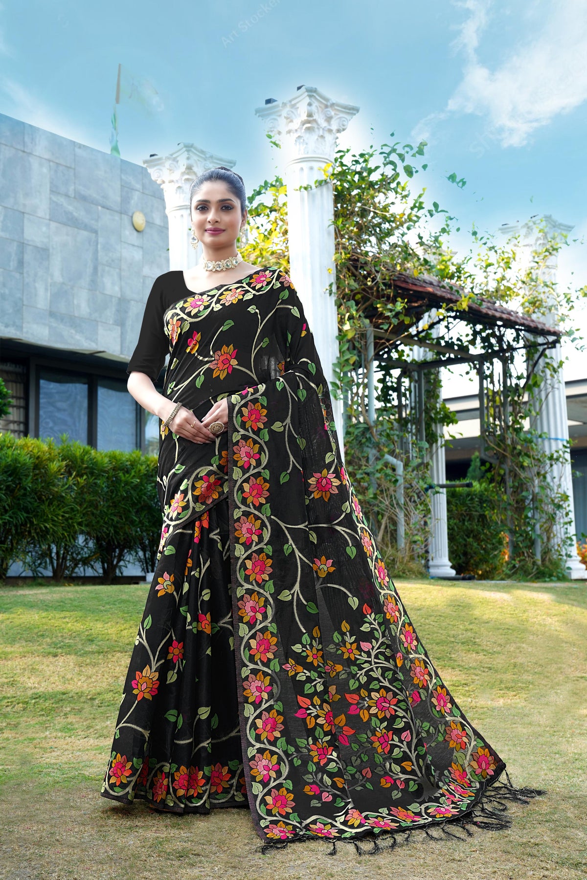 Black Floral Pure Cottton Saree