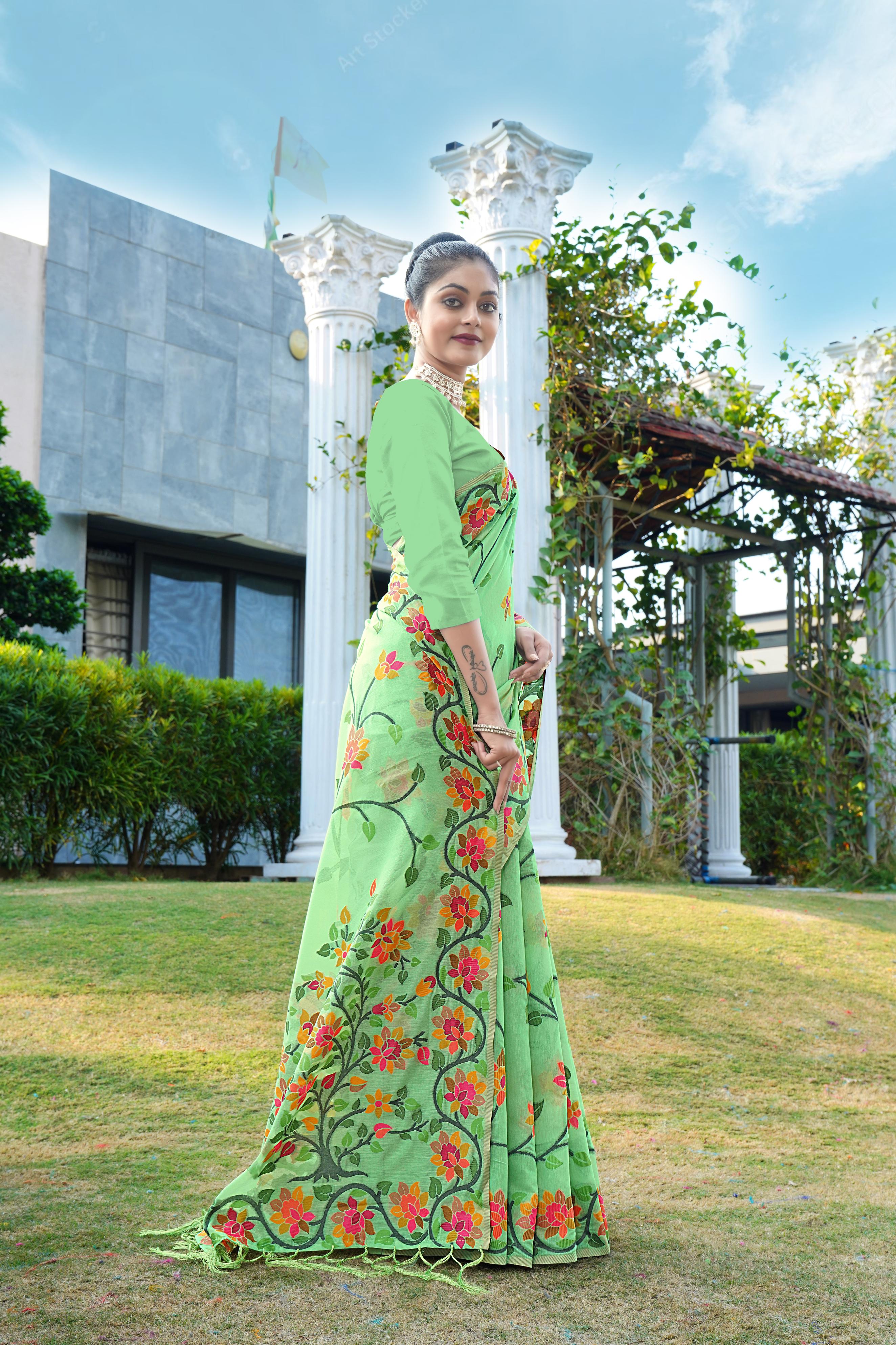 Green Floral Pure Cottton Saree