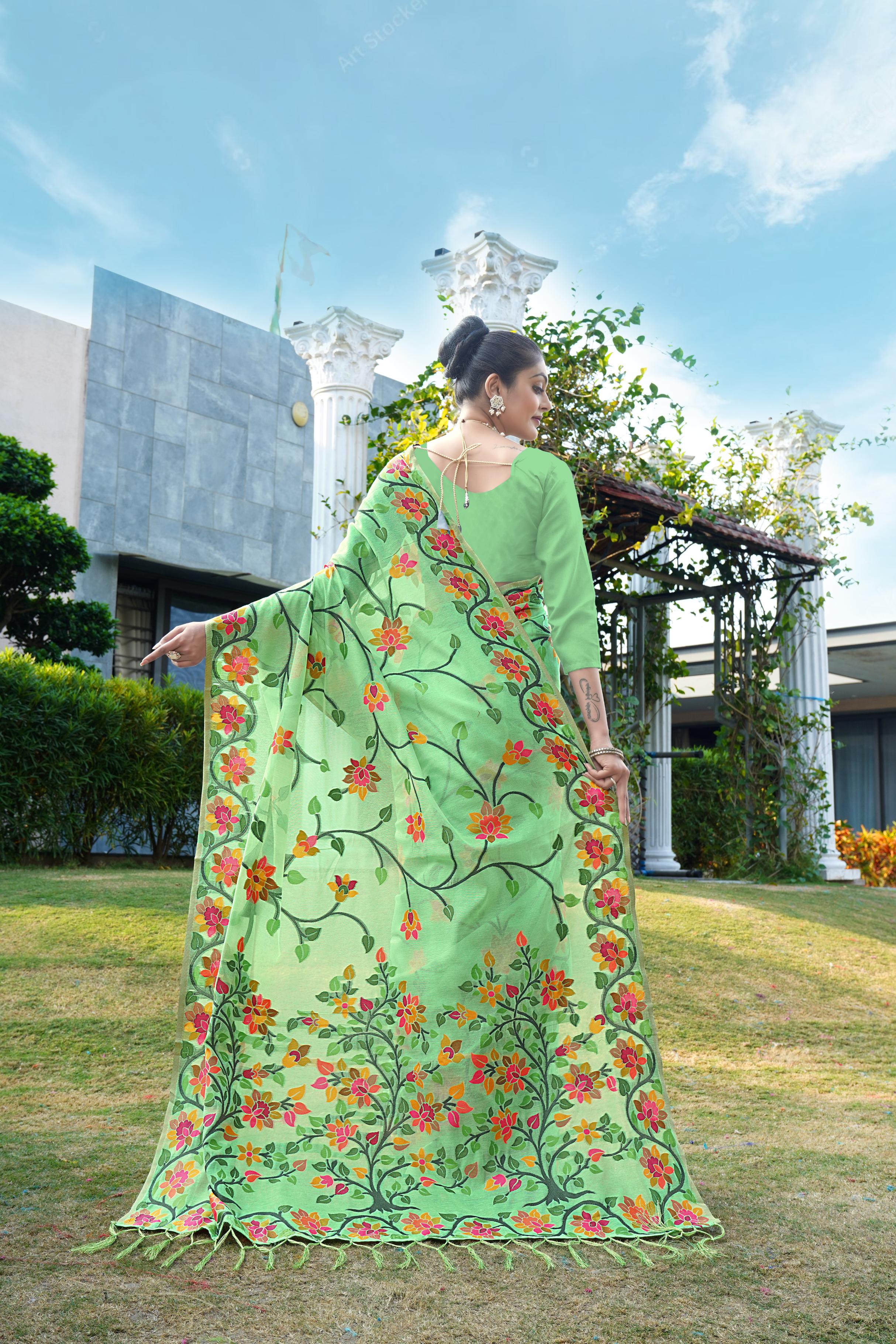 Green Floral Pure Cottton Saree