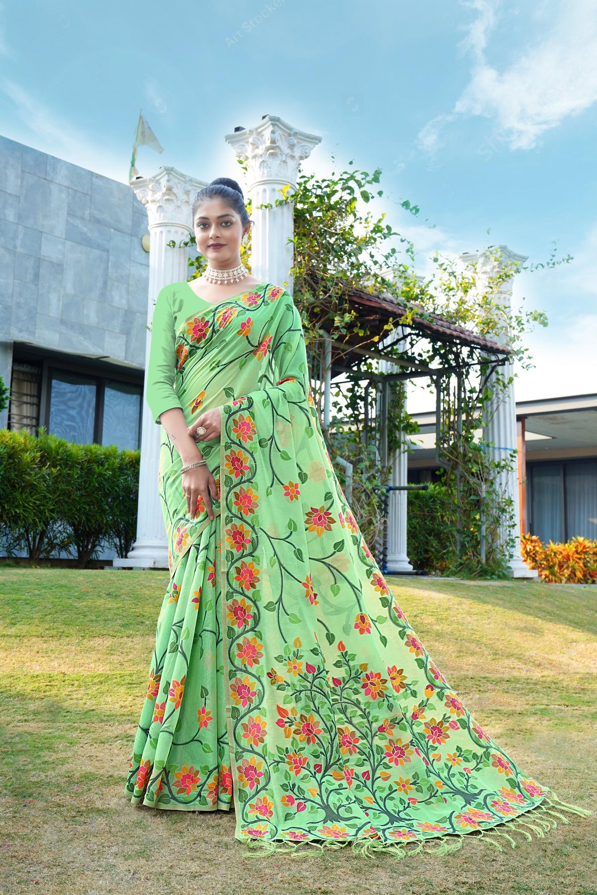 Green Floral Pure Cottton Saree