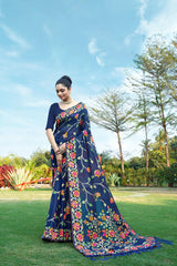 Navy Blue Floral Pure Cottton Saree