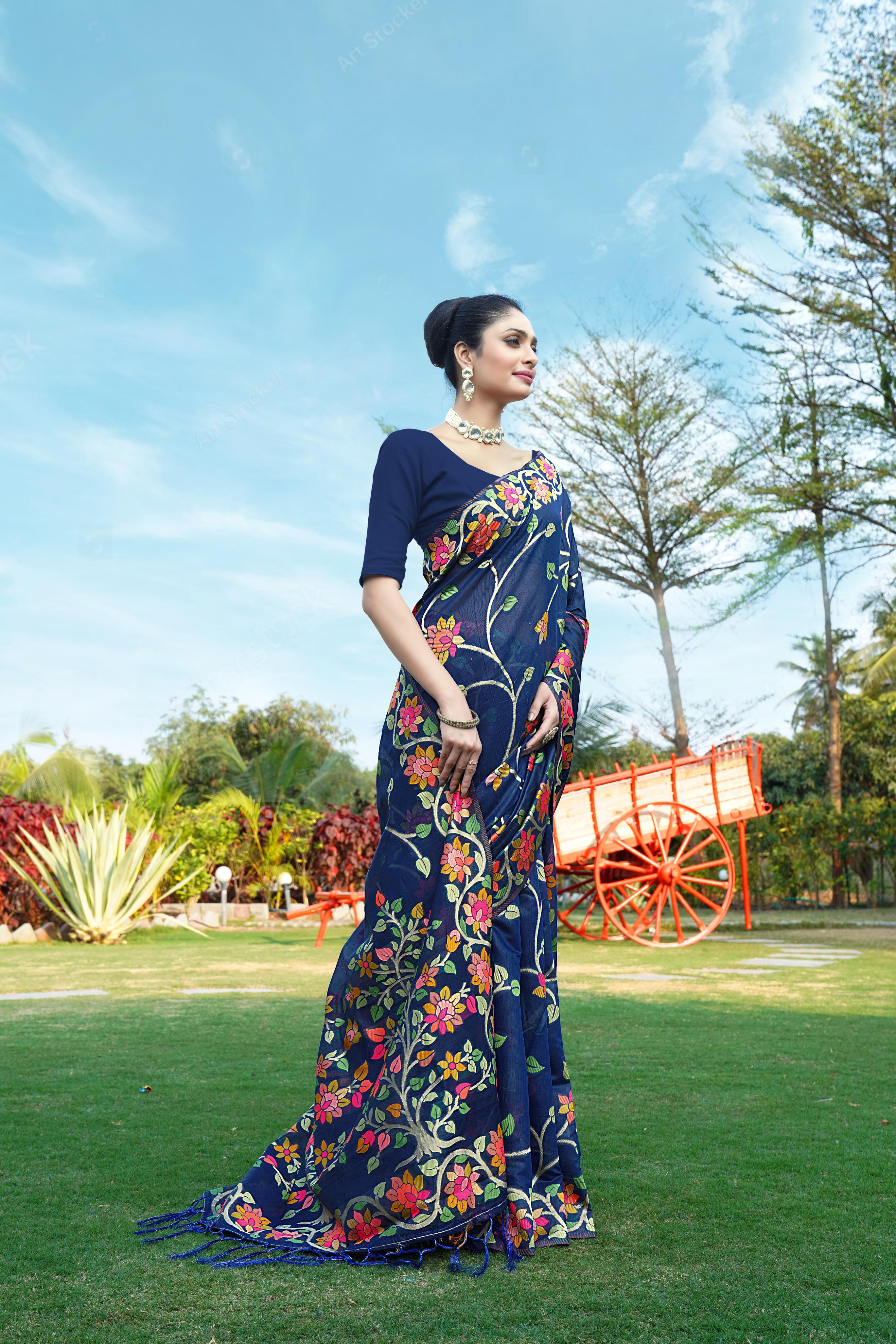 Navy Blue Floral Pure Cottton Saree