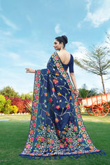 Navy Blue Floral Pure Cottton Saree