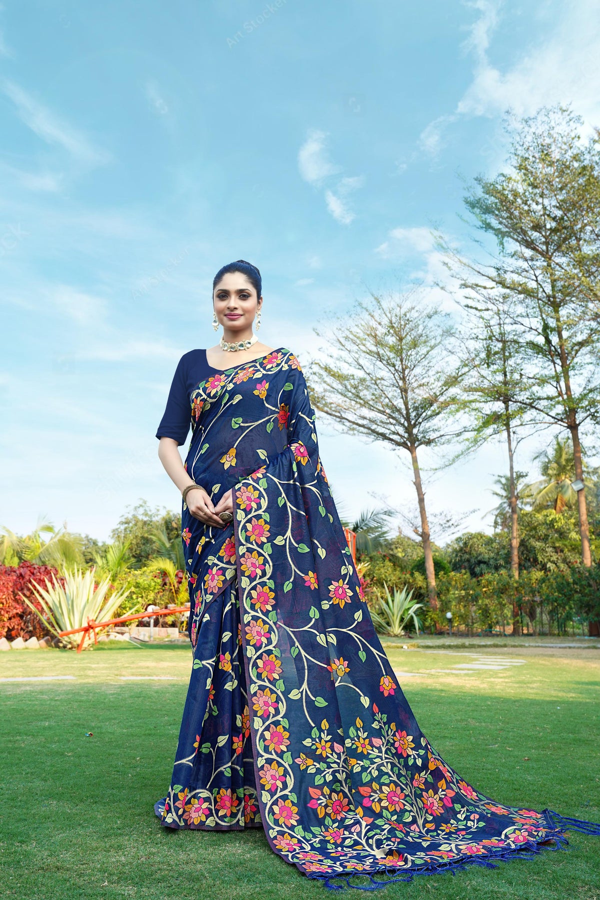 Navy Blue Floral Pure Cottton Saree