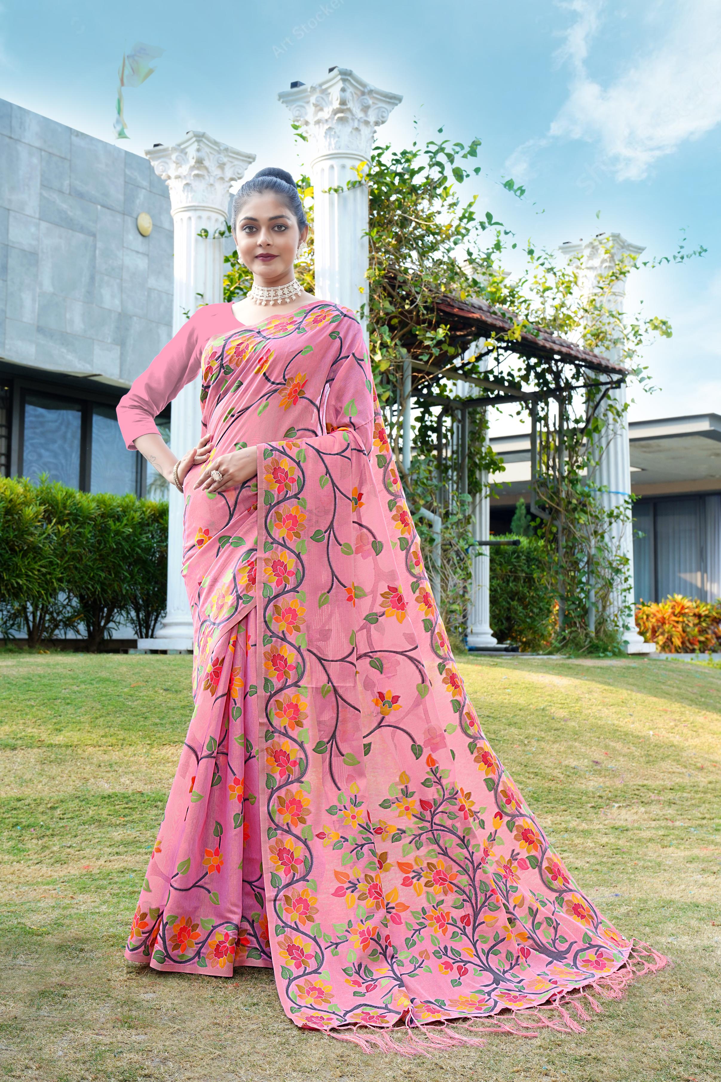 Pink Floral Pure Cottton Saree