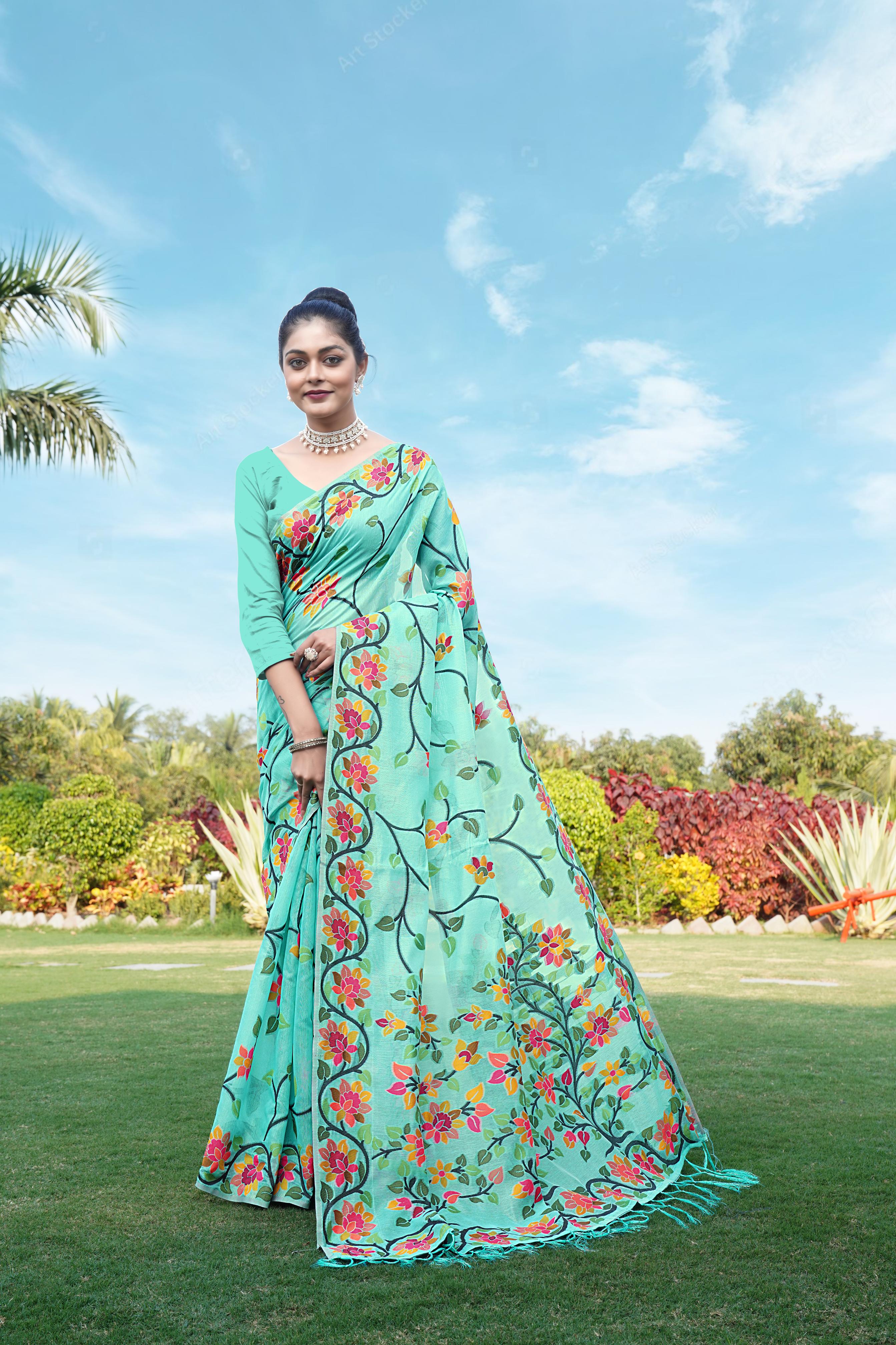 Sky Blue Floral Pure Cottton Saree