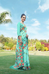 Sky Blue Floral Pure Cottton Saree