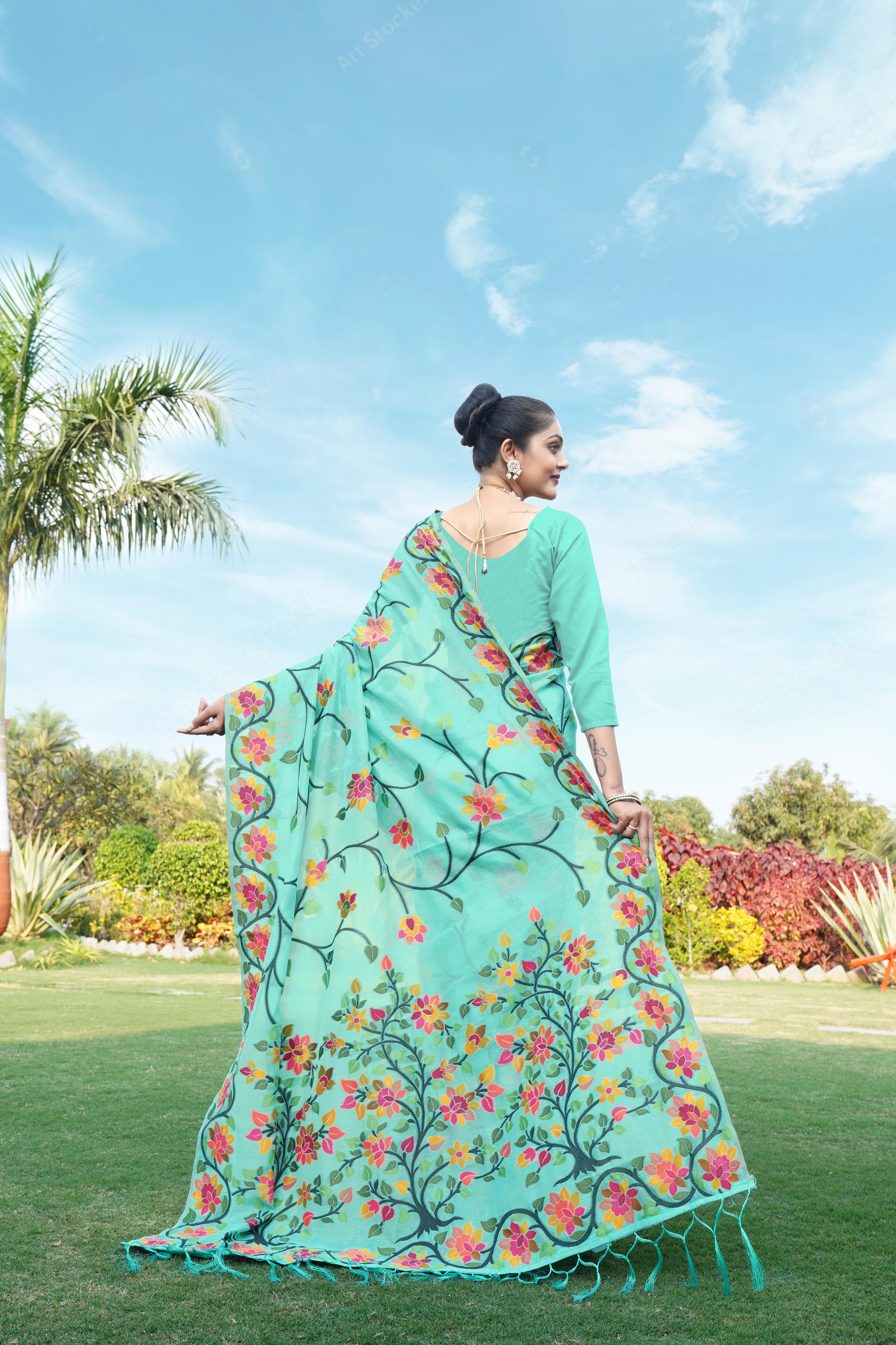 Sky Blue Floral Pure Cottton Saree