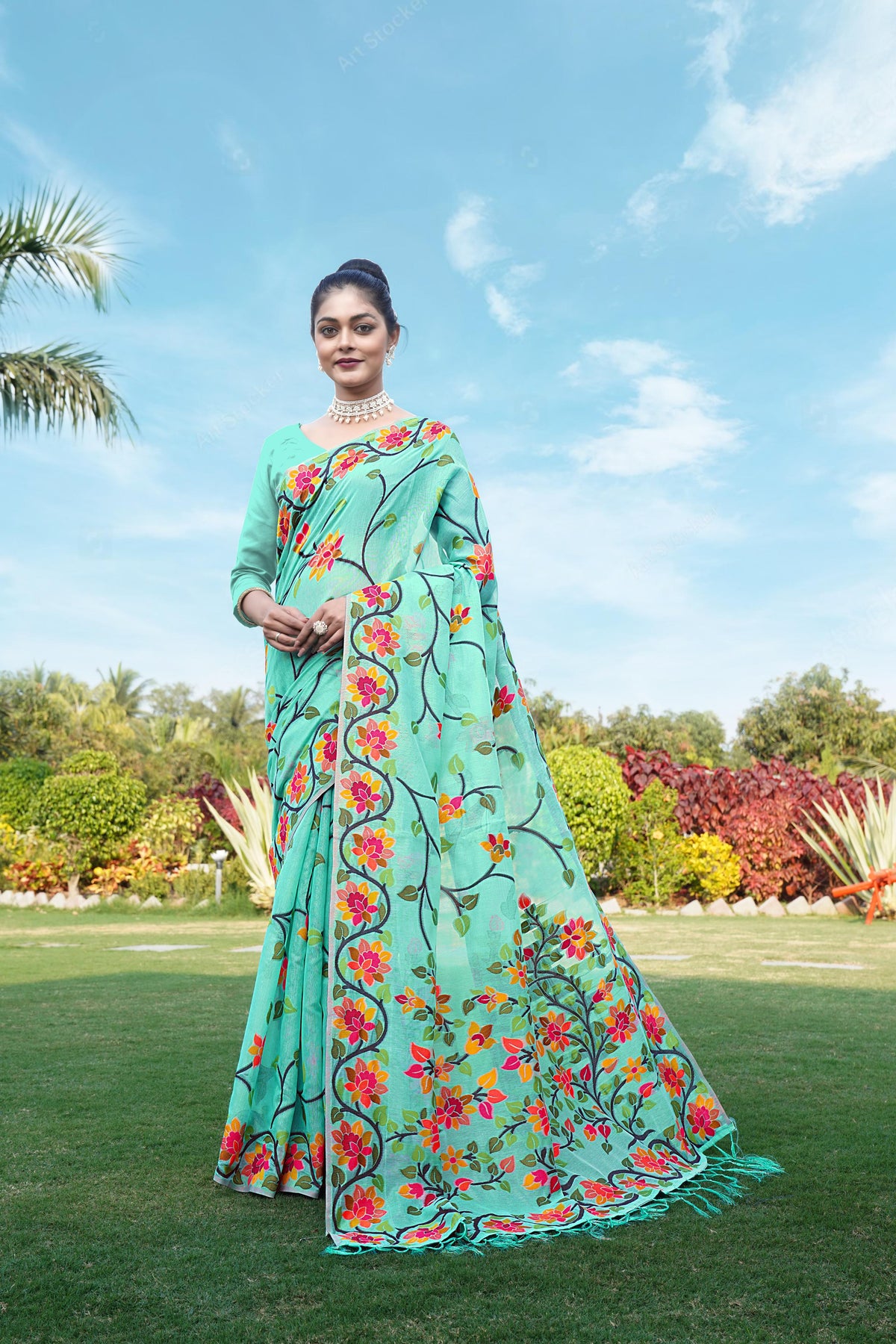 Sky Blue Floral Pure Cottton Saree