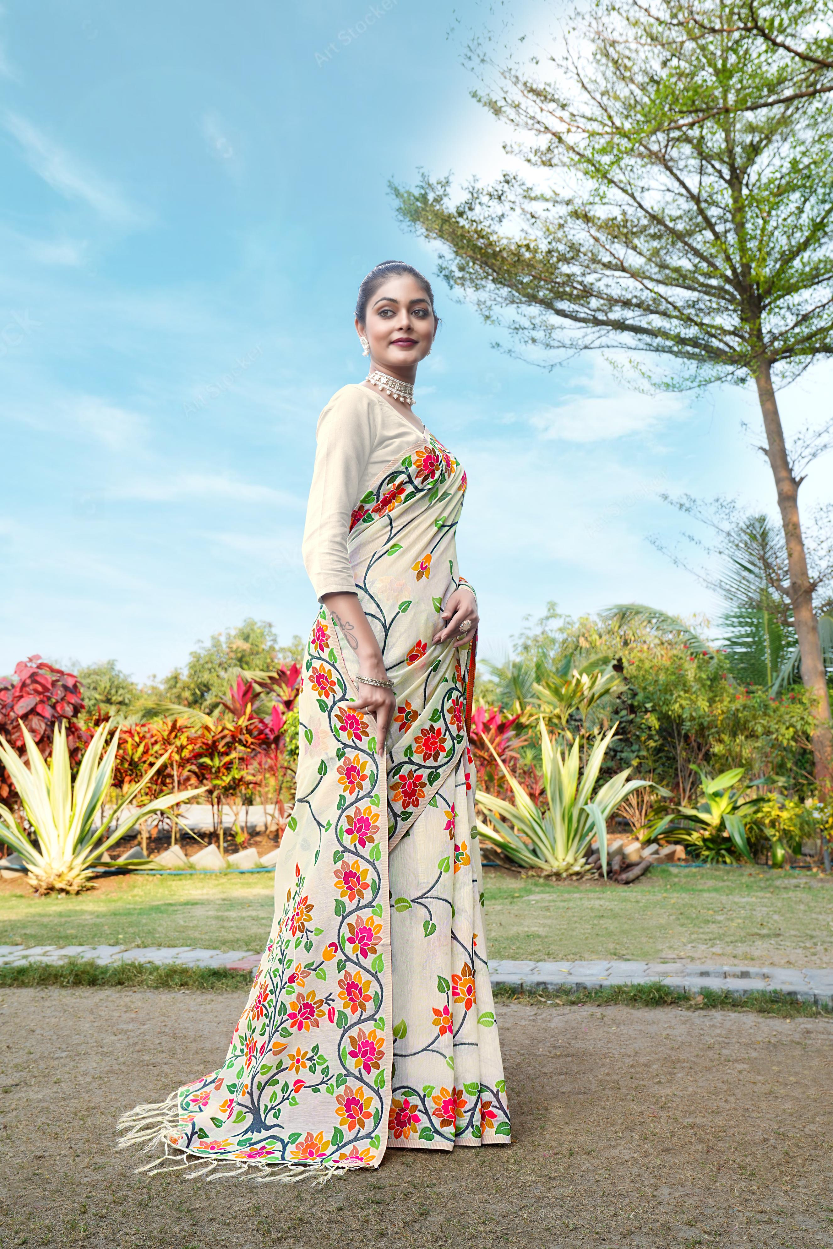 White Floral Pure Cottton Saree