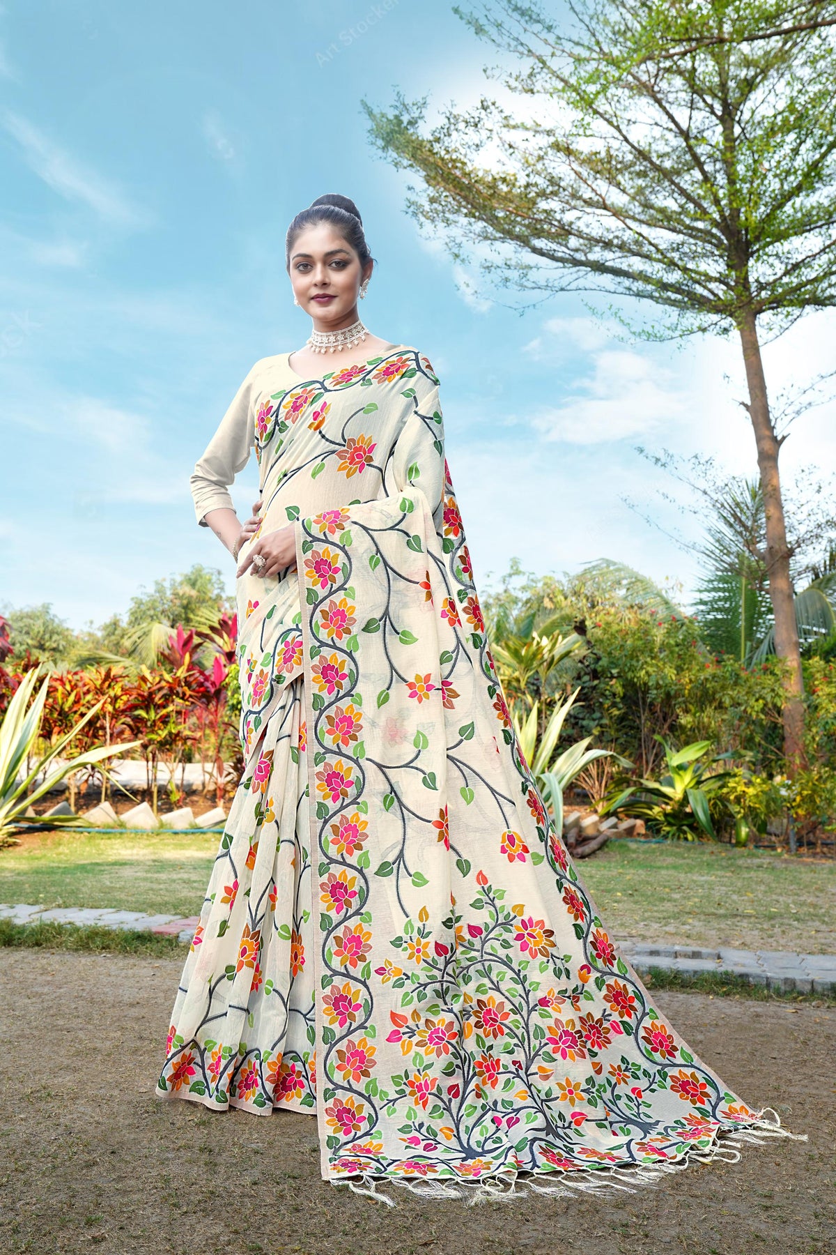 White Floral Pure Cottton Saree