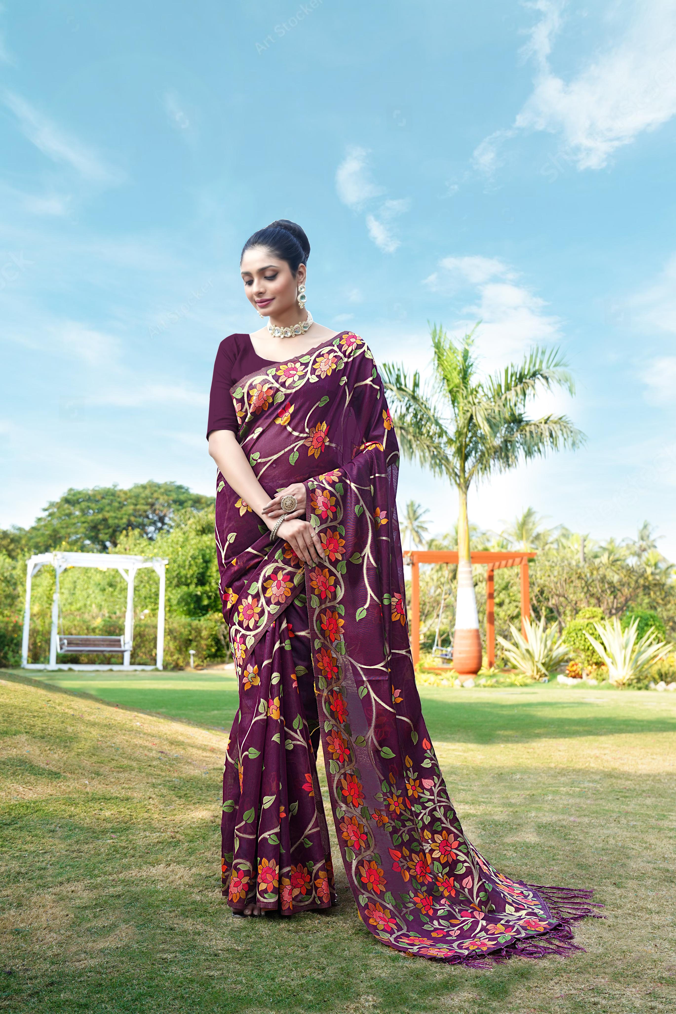 Wine Floral Pure Cottton Saree