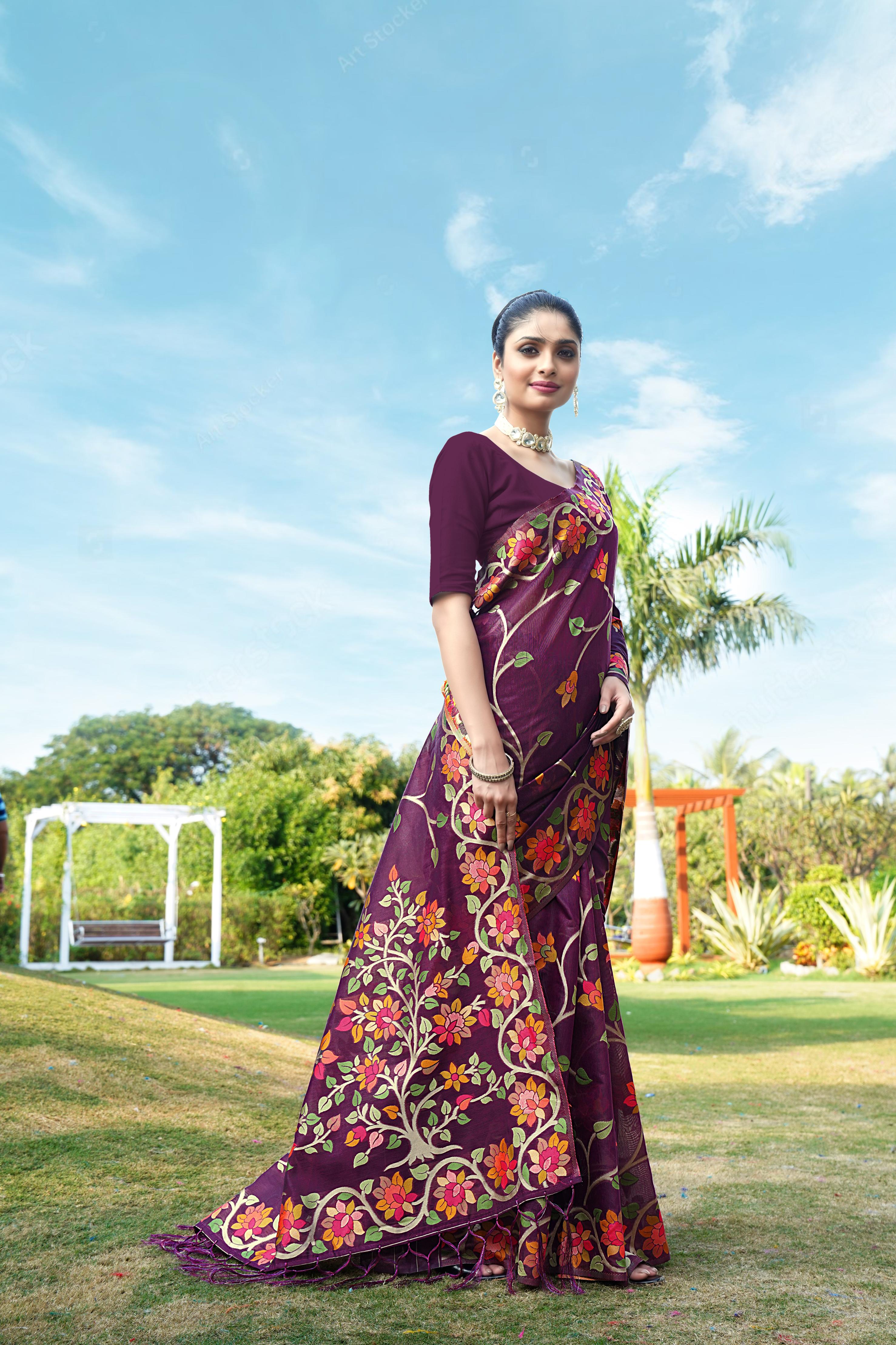 Wine Floral Pure Cottton Saree