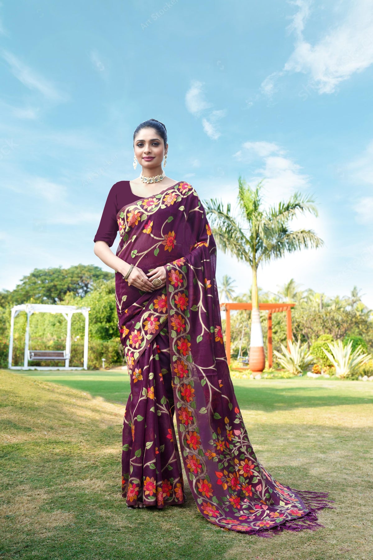 Wine Floral Pure Cottton Saree