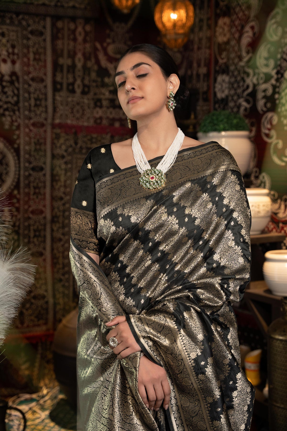 Black Banarasi silk saree with zari woven design