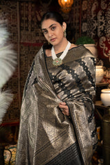 Black Banarasi silk saree with zari woven design