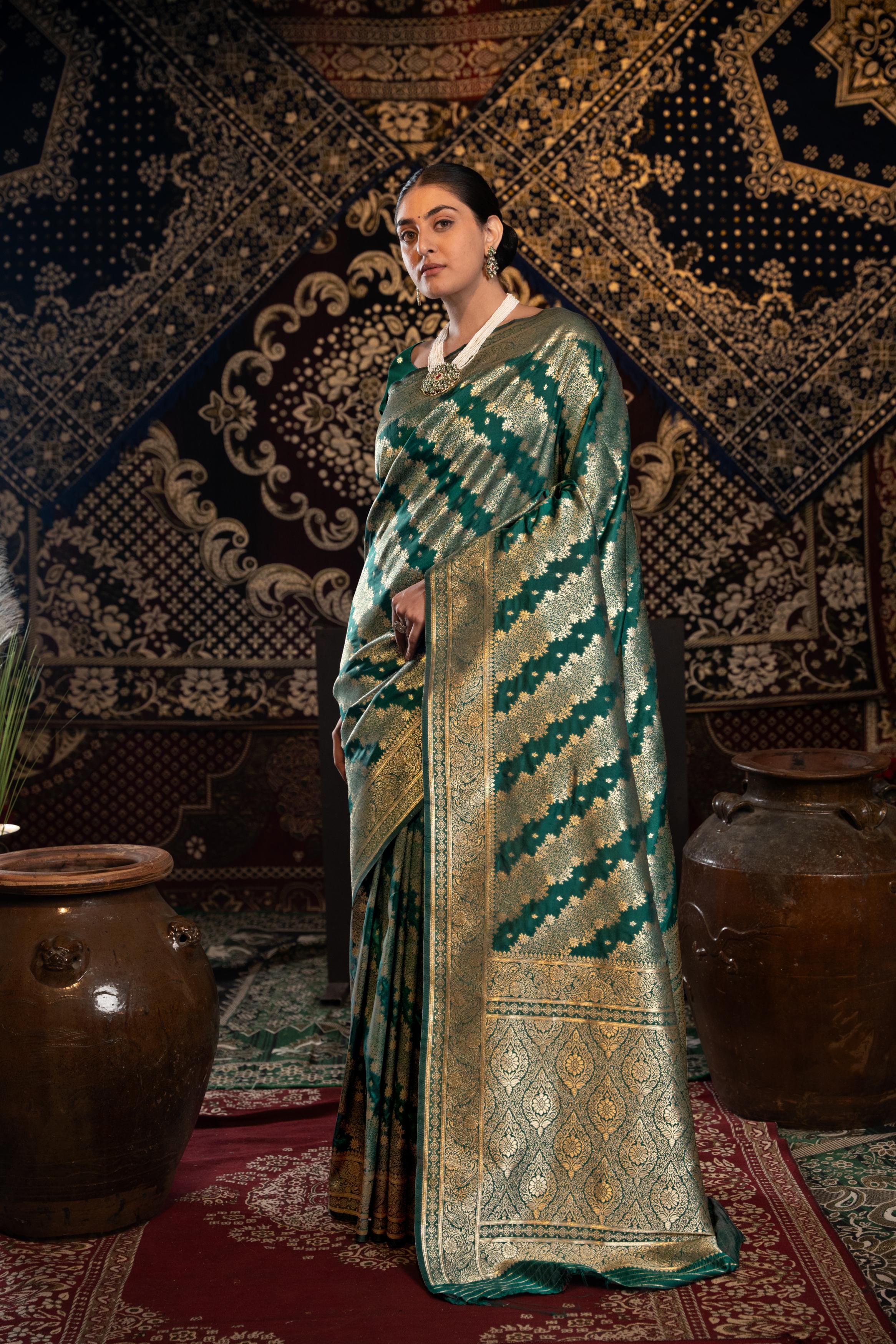 Green Banarasi silk saree with zari woven design