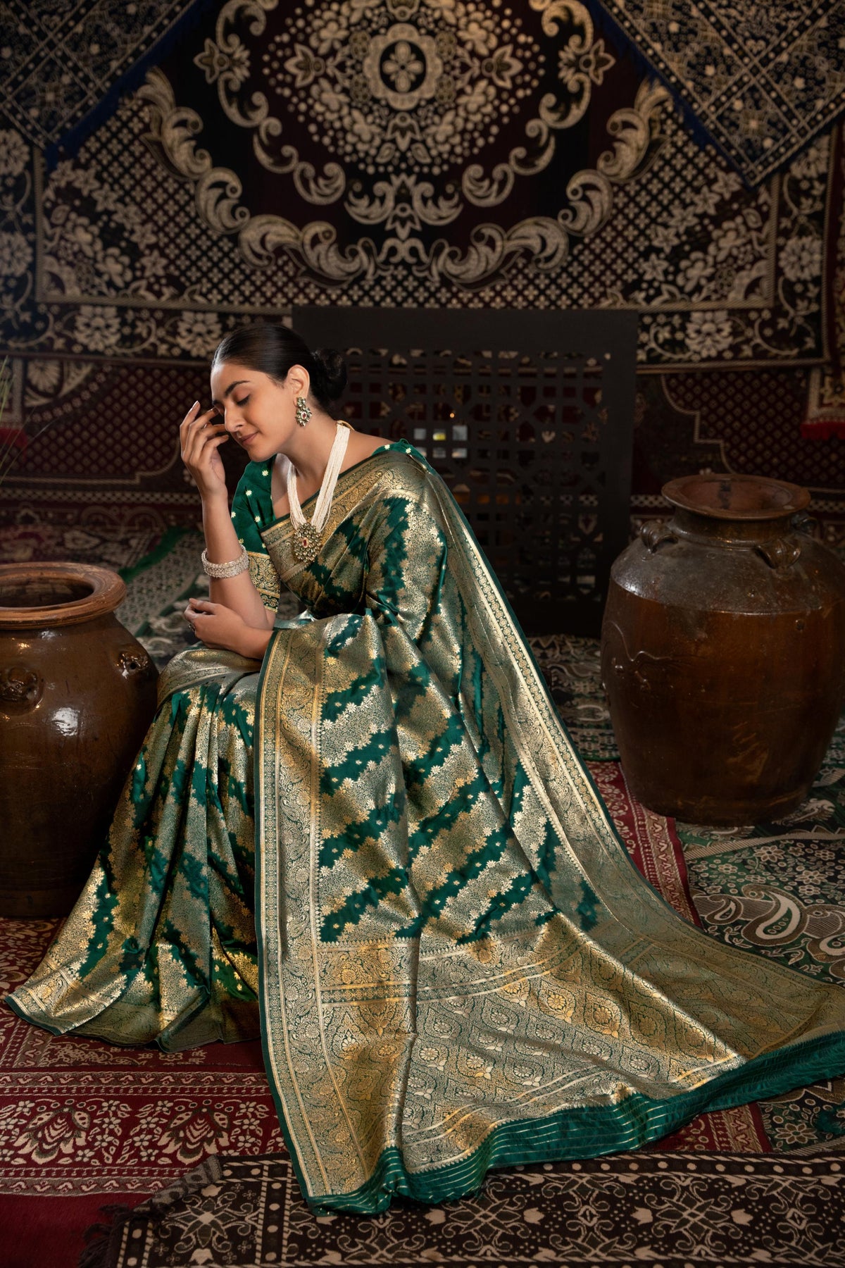 Green Banarasi silk saree with zari woven design