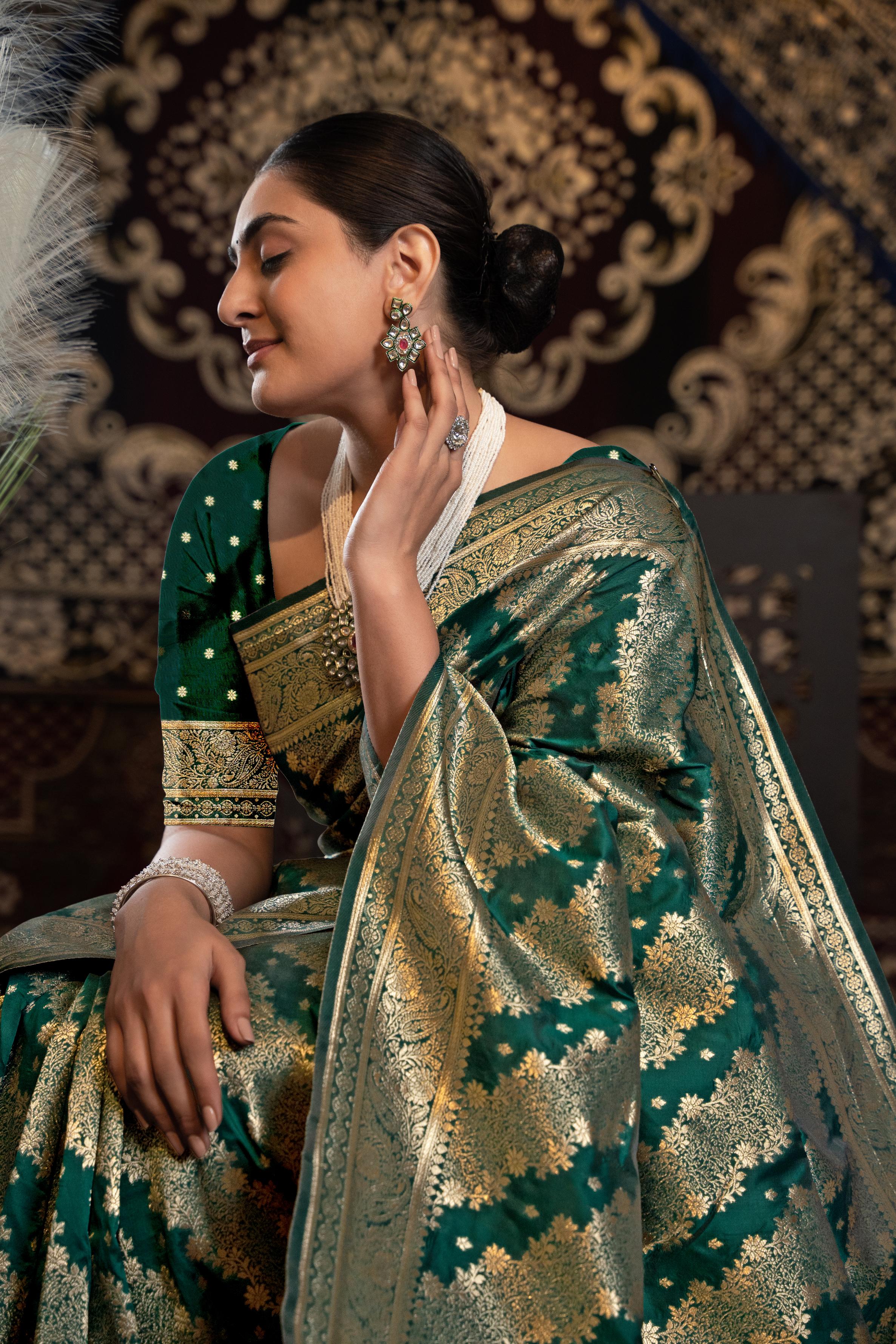 Green Banarasi silk saree with zari woven design