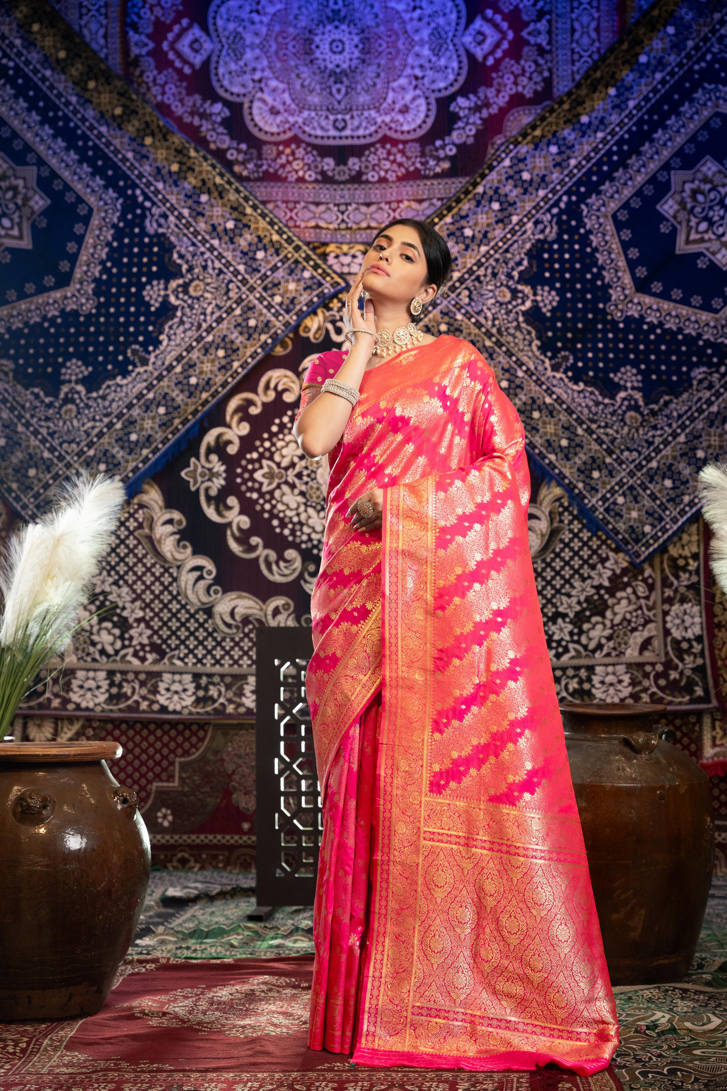 Pink Banarasi silk saree with zari woven design