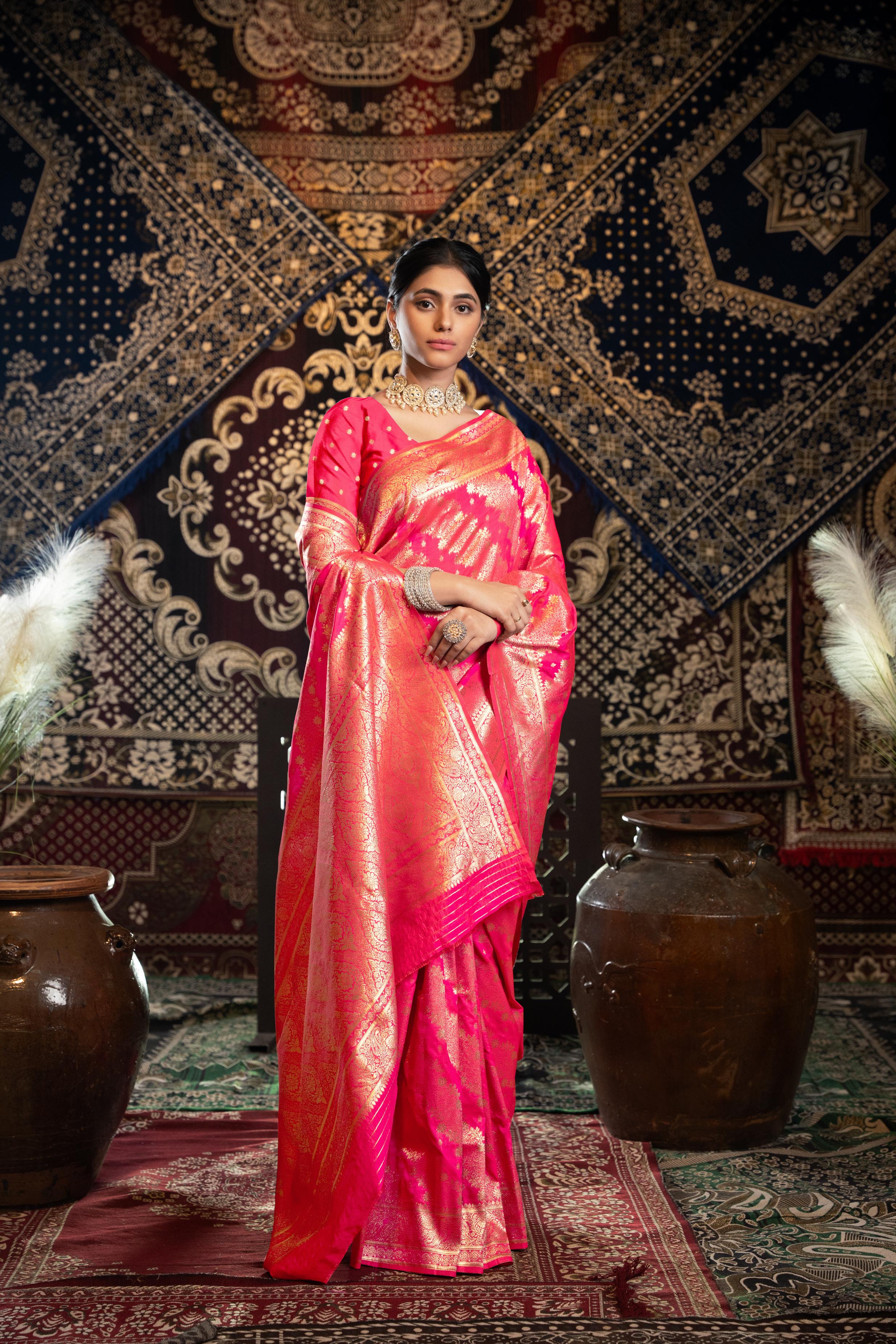 Pink Banarasi silk saree with zari woven design