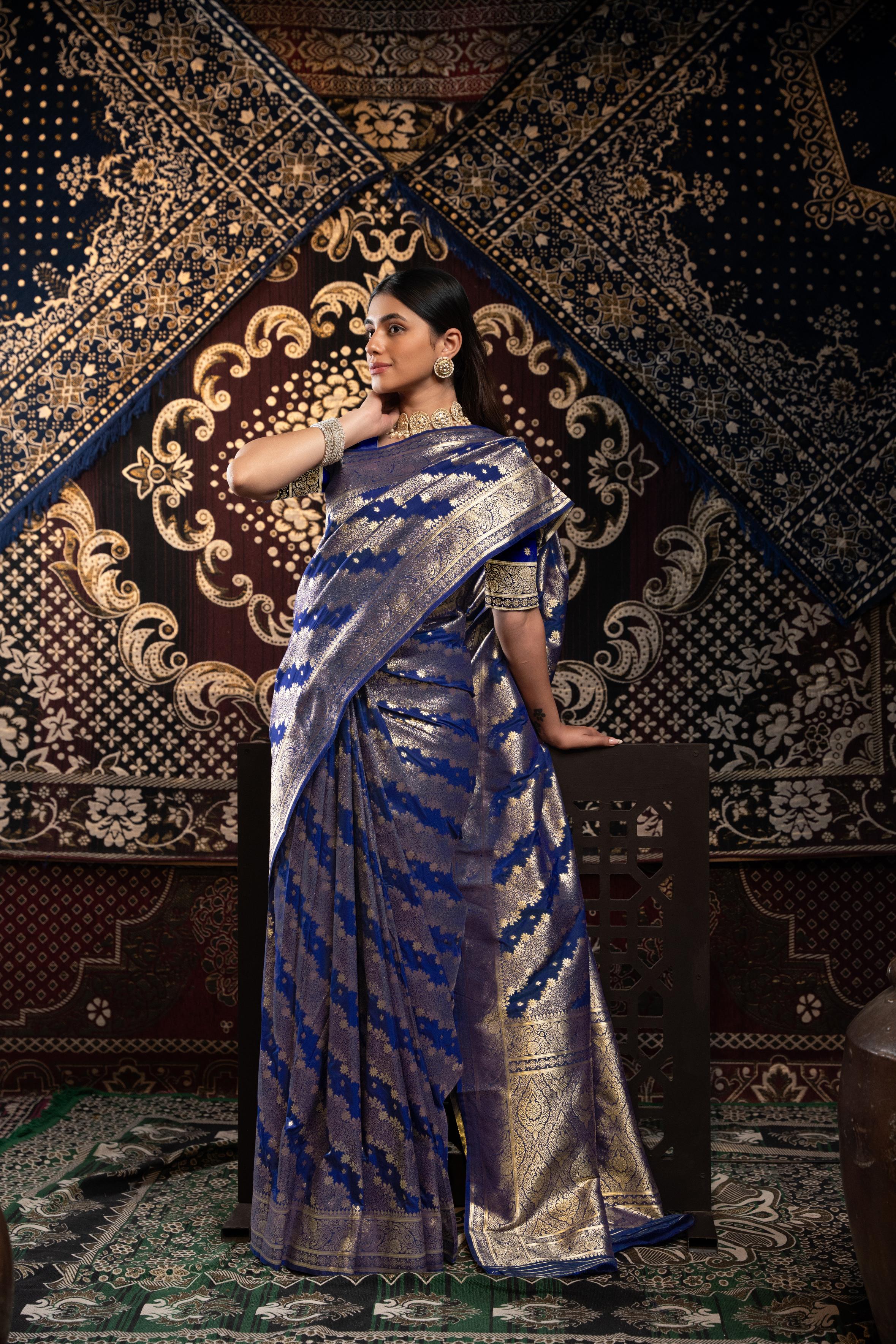 Royal Blue Banarasi silk saree with zari woven design