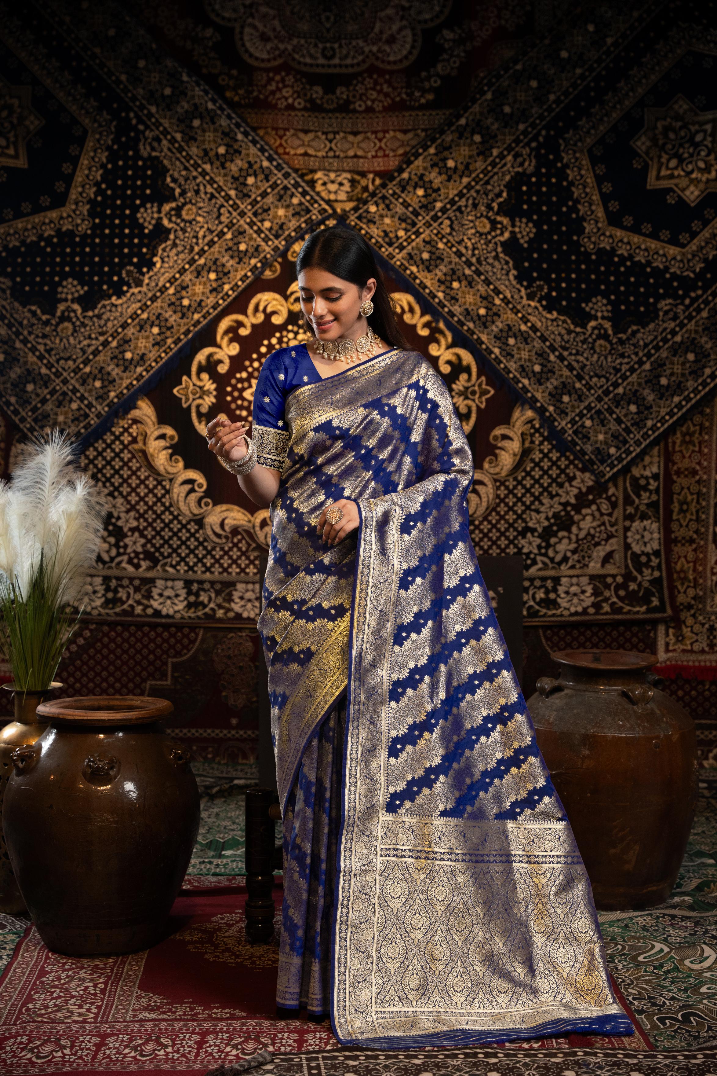 Royal Blue Banarasi silk saree with zari woven design