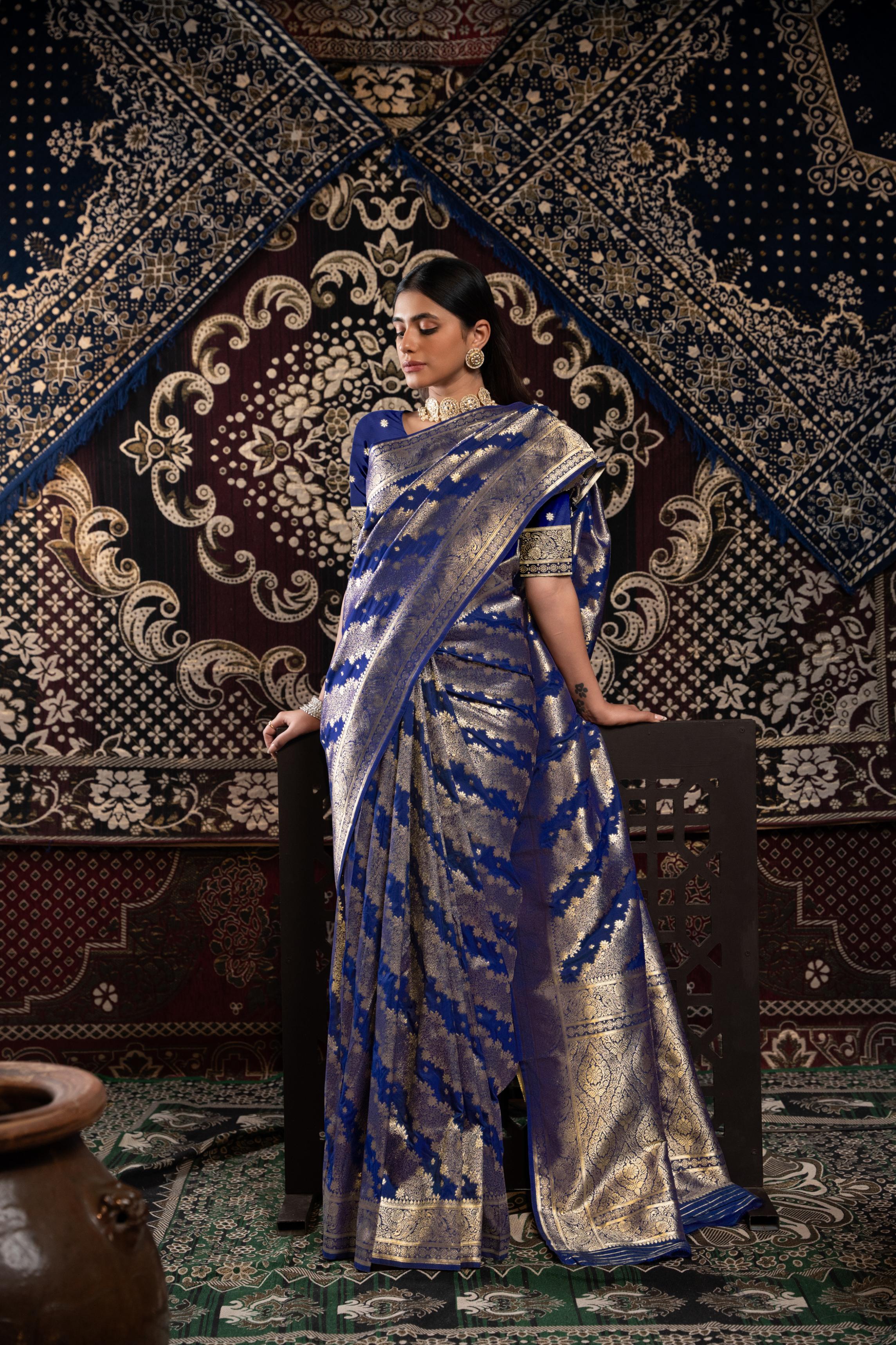 Royal Blue Banarasi silk saree with zari woven design