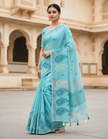 Blue Embroidered Linen Saree For Summer