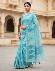 Blue Embroidered Linen Saree For Summer