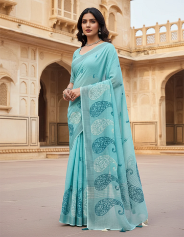Blue Embroidered Linen Saree For Summer