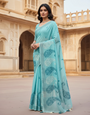 Blue Embroidered Linen Saree For Summer