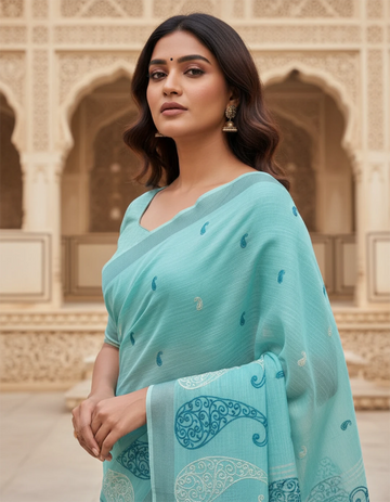 Blue Embroidered Linen Saree For Summer