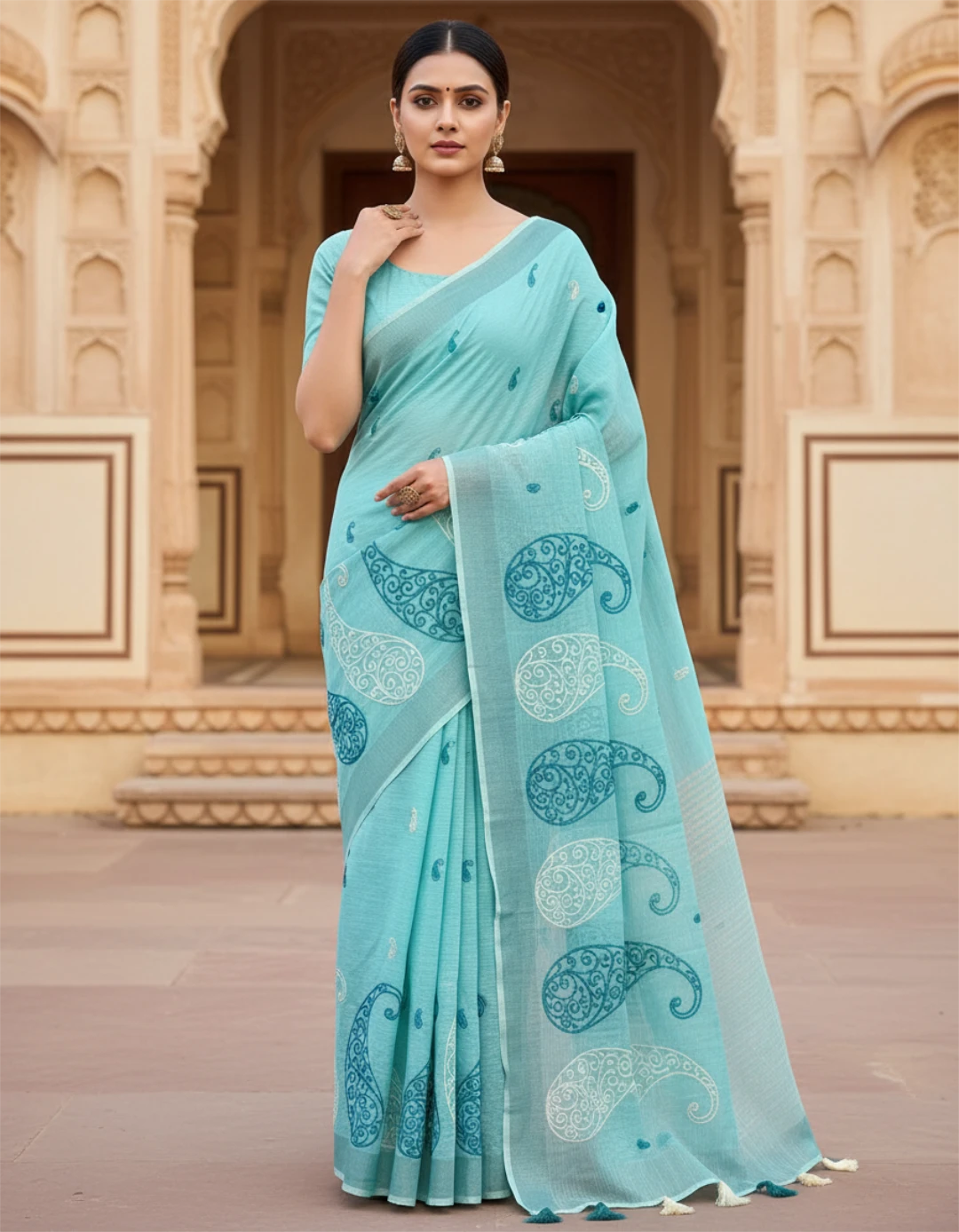 Blue Embroidered Linen Saree For Summer