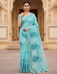 Blue Embroidered Linen Saree For Summer