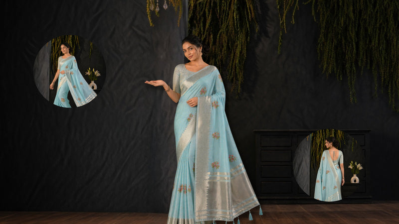 Blue Cotton Silk Floral Embroidery Saree