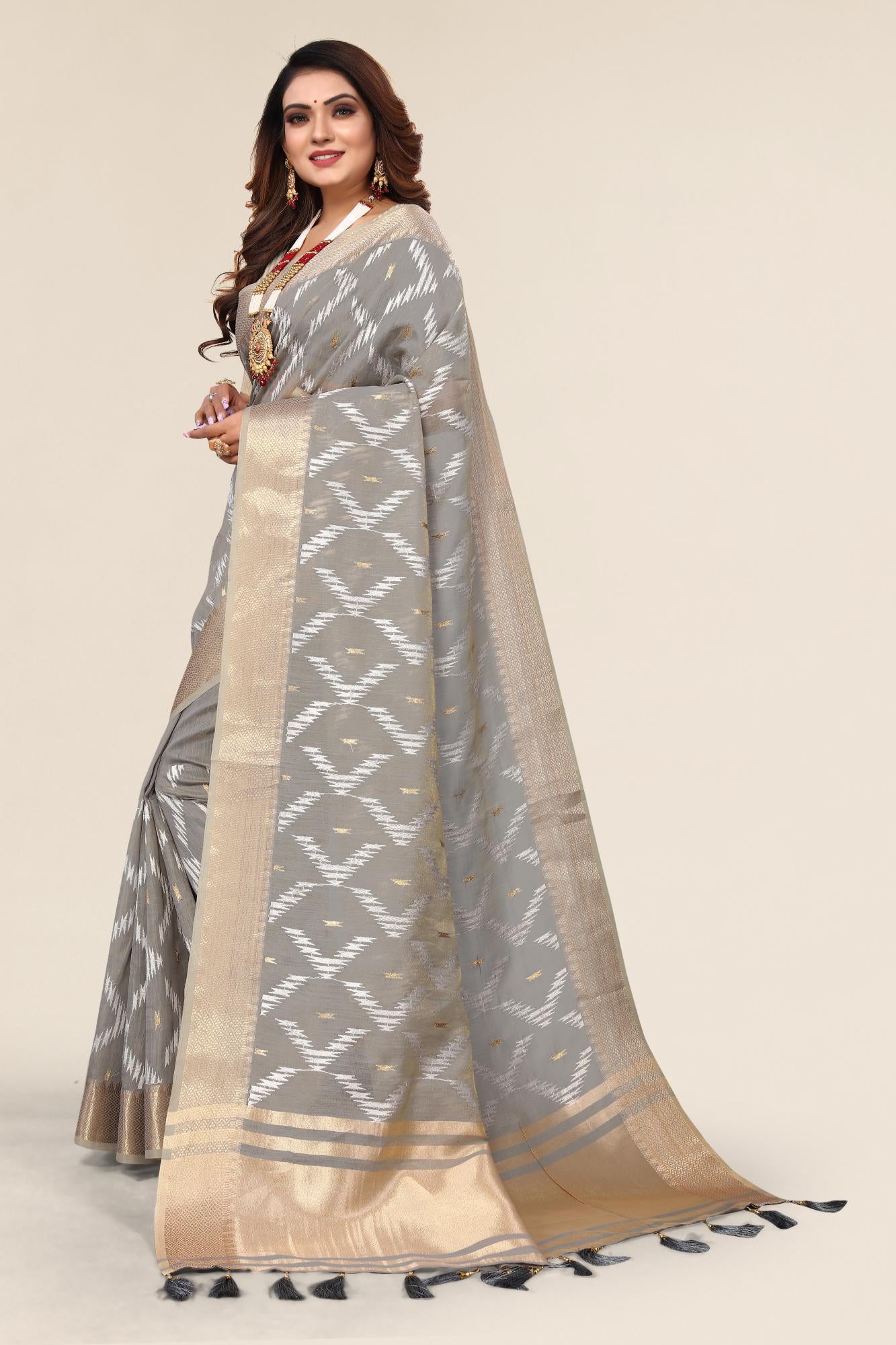 Latest Embroidered Grey Linen Saree 